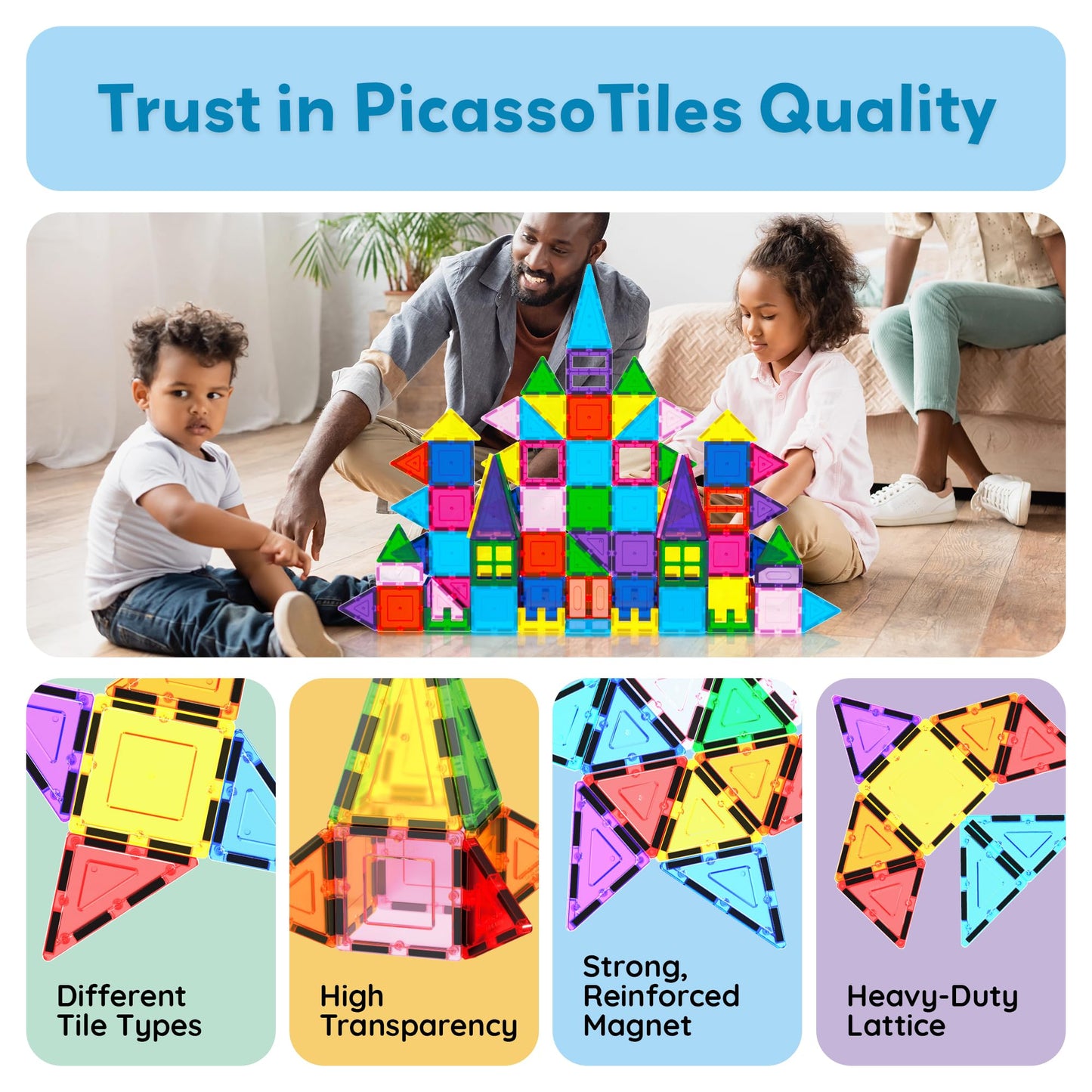 PicassoTiles 101 Pcs Magnetic Tiles – Car & Drawstring Carry Bag STEM Toy (Ages 3+)