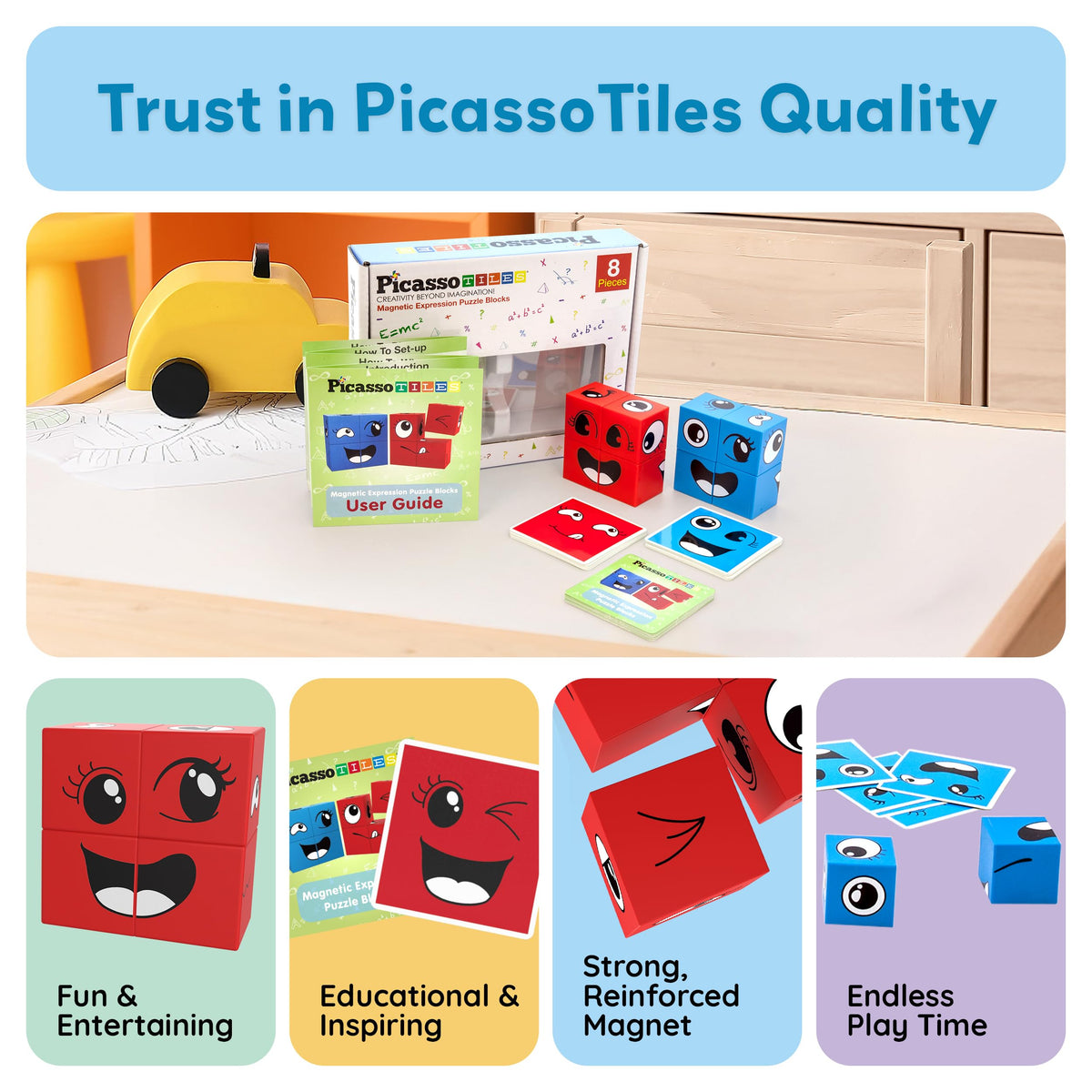 PicassoTiles Magnetic Expression Puzzle Cubes – 8-Piece Emoticon Blocks for STEM & Preschool