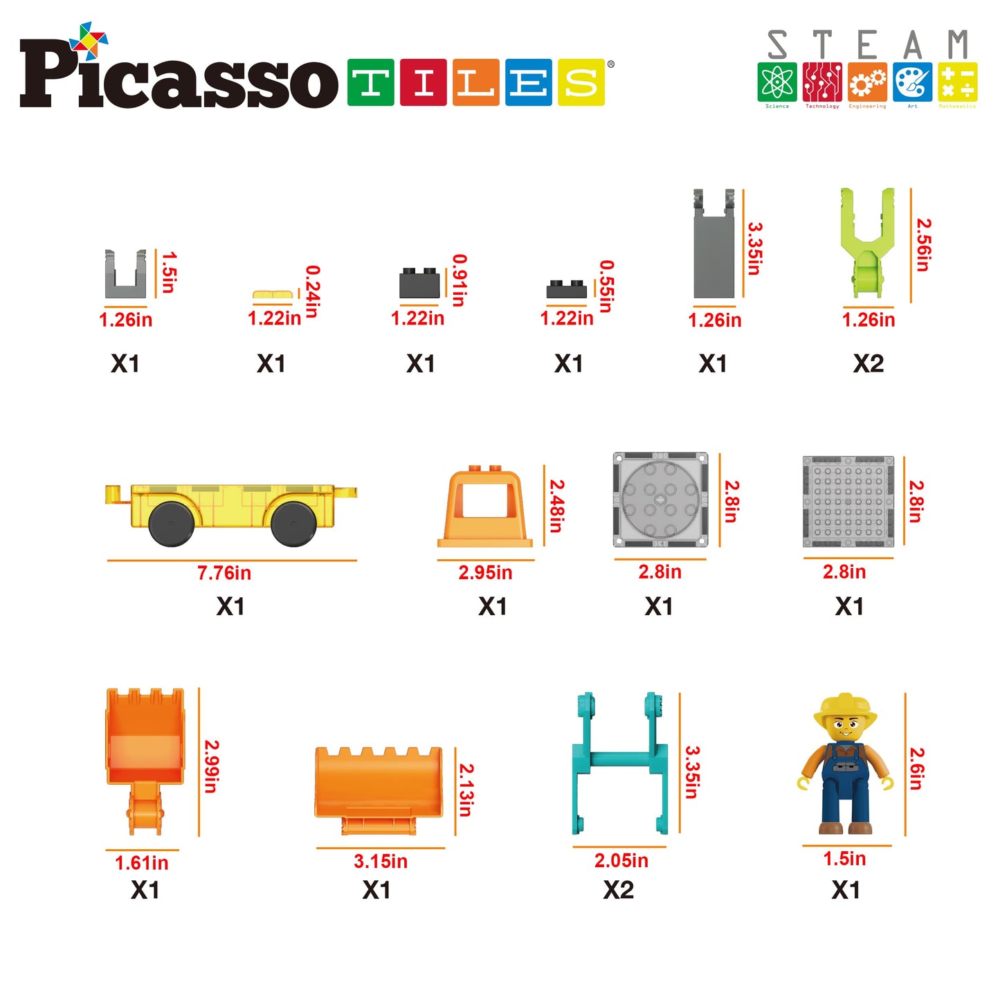 PicassoTiles Magnet Tiles 2-in-1 Excavator & Backhoe | STEM Construction Playset for Ages 3+