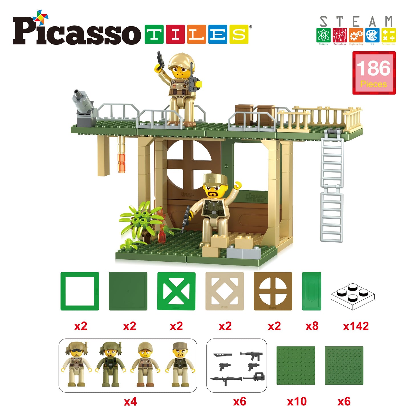 PicassoTiles PTL18 Military Combat Magnet Tile Playset – 186-Piece Construction & 4 Figures