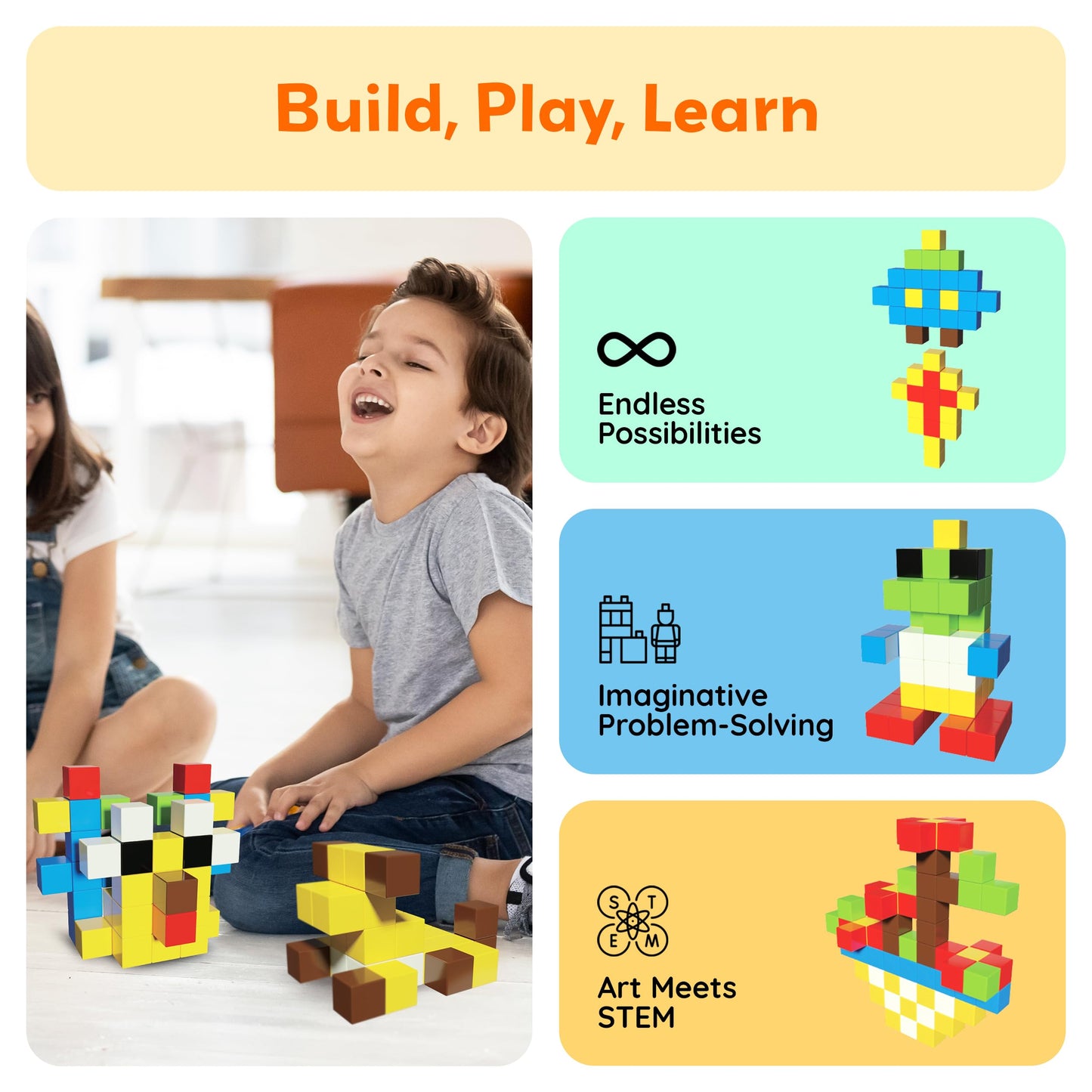 PicassoTiles 102pcs Pixel Magnetic Puzzle Cube – STEM Building Toy Set for Kids 3+