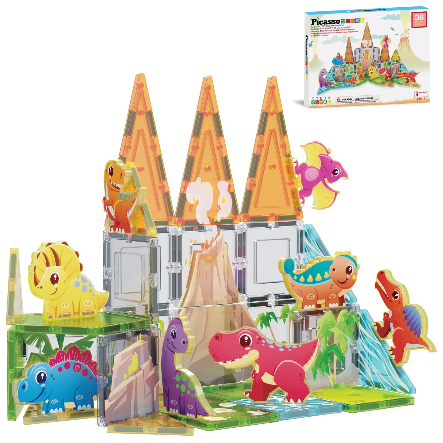 PicassoTiles 38pcs Dinosaur Magnetic Tiles Set with 8 Figures – STEM Toy 3+