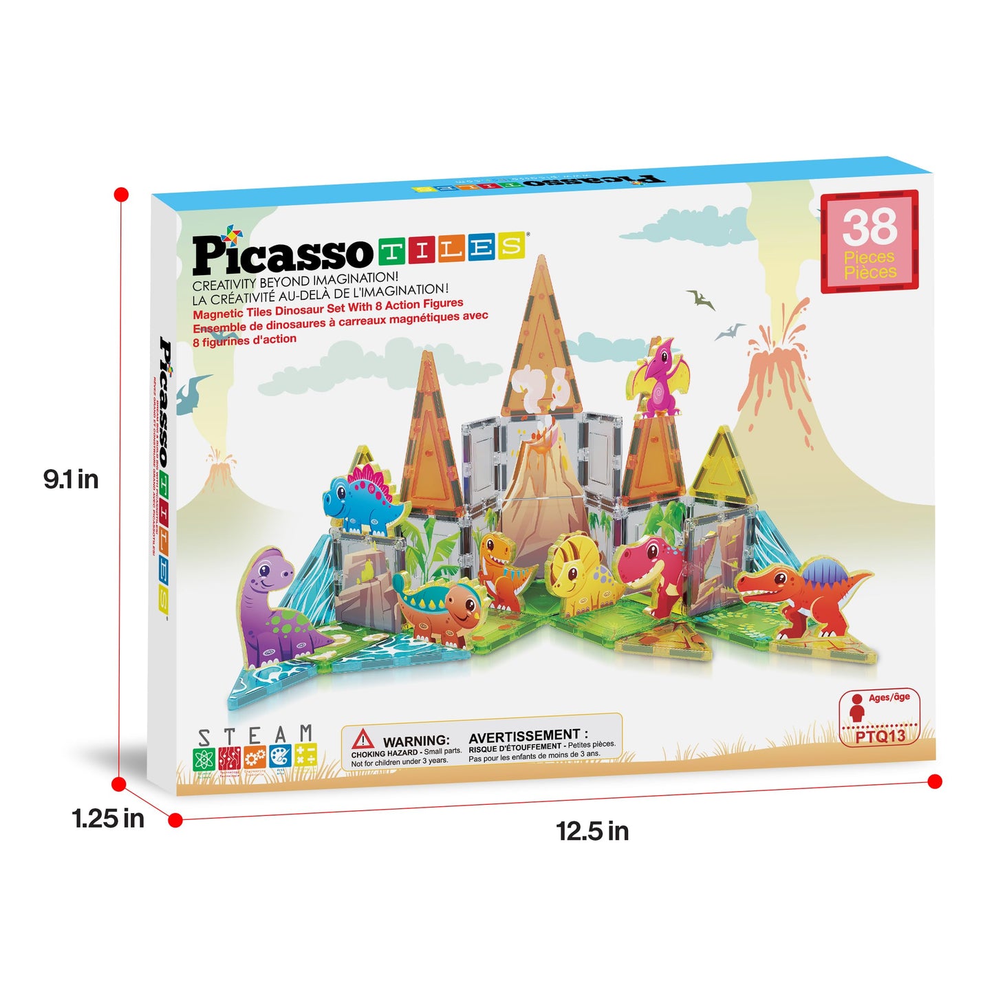 PicassoTiles 38pcs Dinosaur Magnetic Tiles Set with 8 Figures – STEM Toy 3+