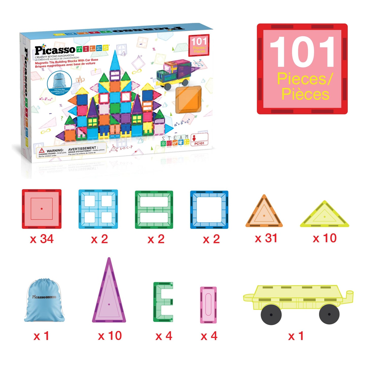 PicassoTiles 101 Pcs Magnetic Tiles – Car & Drawstring Carry Bag STEM Toy (Ages 3+)