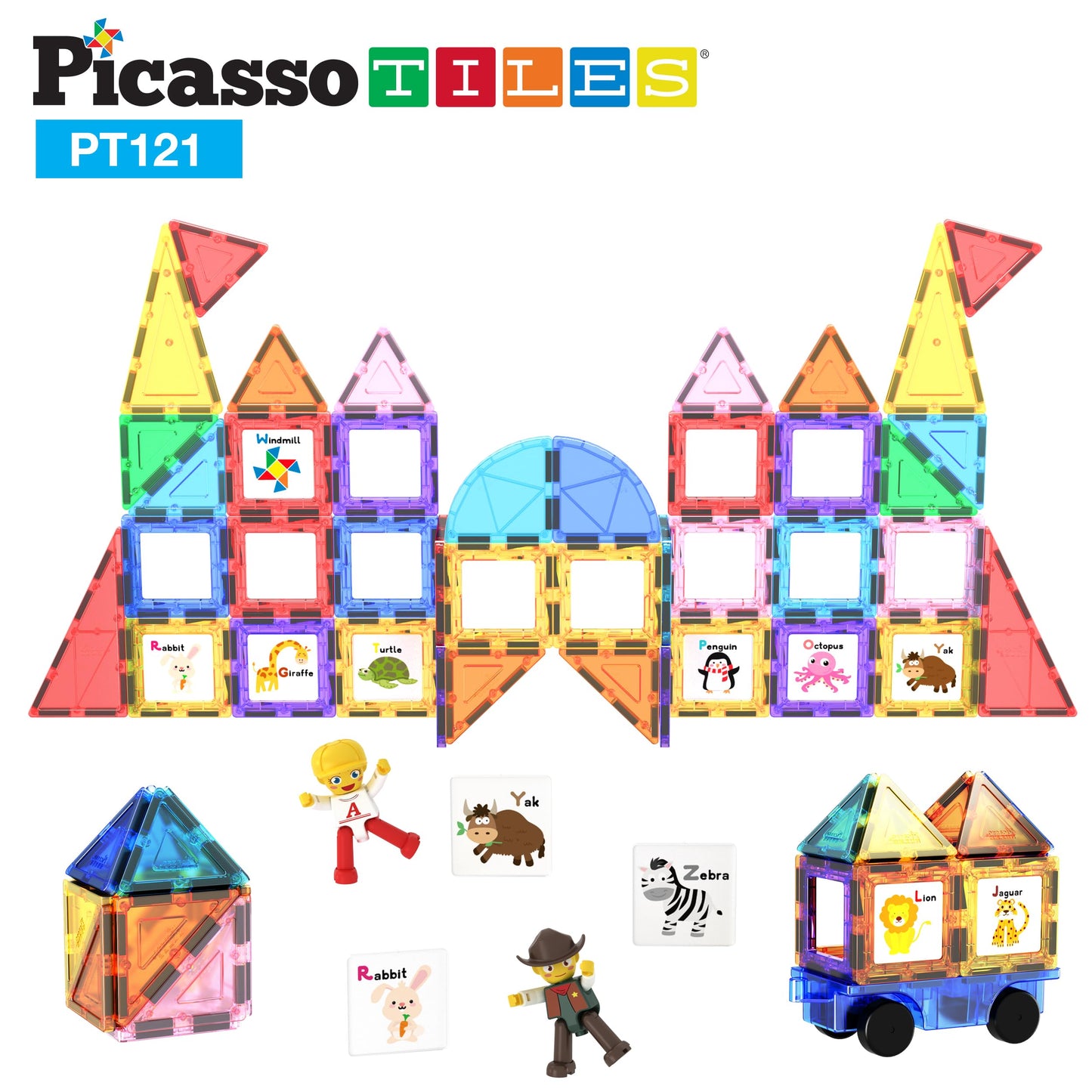 PicassoTiles 121pc Master Builder Magnetic Building Block Set – Car Truck Figures, Alphabet & Animal Graphics, Windmill