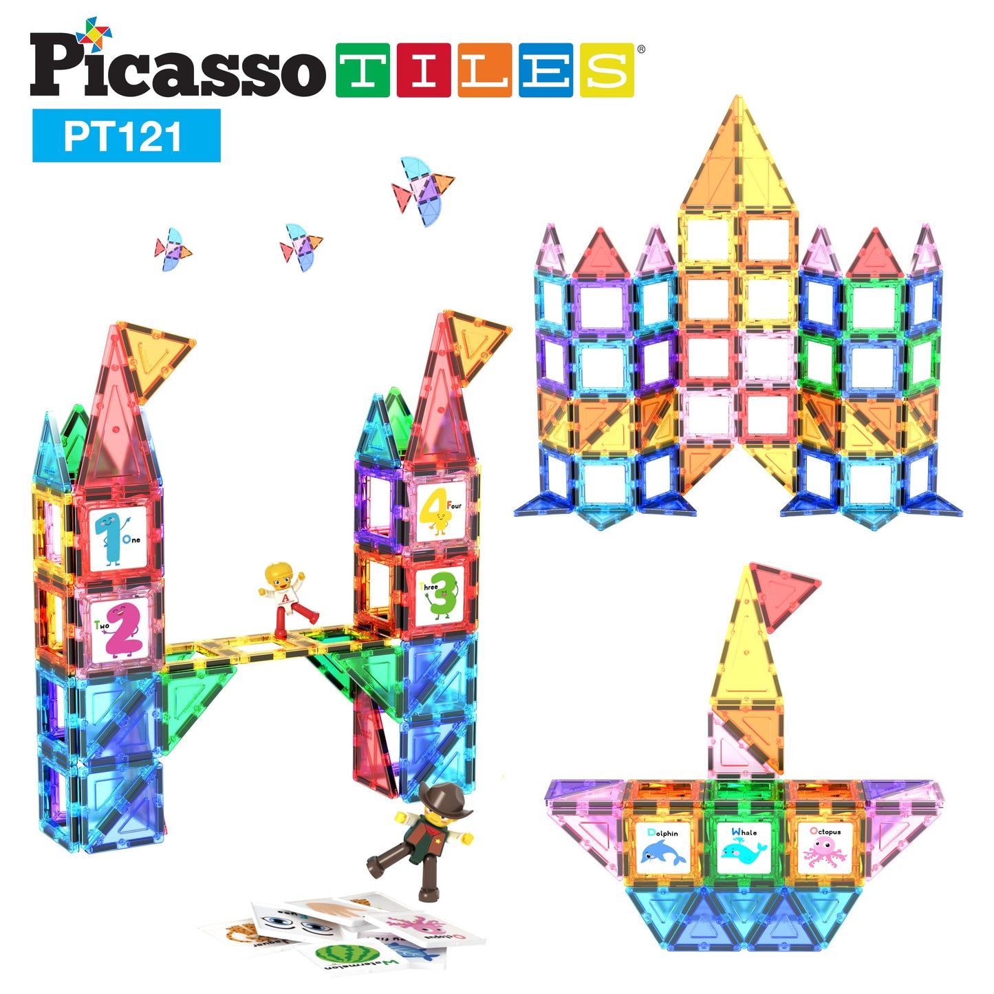 PicassoTiles 121pc Master Builder Magnetic Building Block Set – Car Truck Figures, Alphabet & Animal Graphics, Windmill