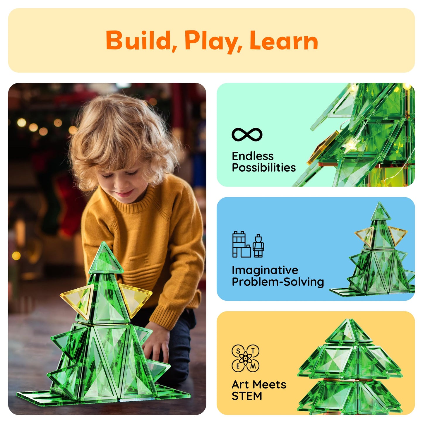 PicassoTiles 106pc Magnetic Tiles LED Light-Up Tree – STEM Toy for Kids 3+ | PT106