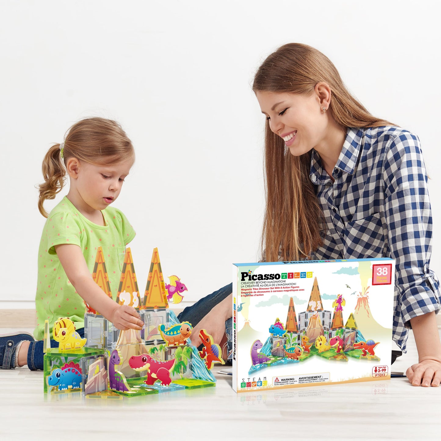 PicassoTiles 38pcs Dinosaur Magnetic Tiles Set with 8 Figures – STEM Toy 3+