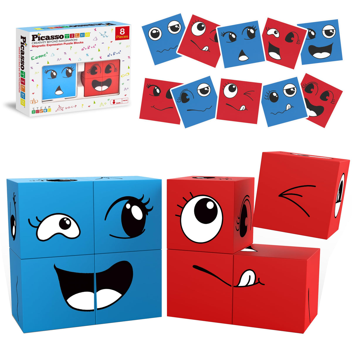 PicassoTiles Magnetic Expression Puzzle Cubes – 8-Piece Emoticon Blocks for STEM & Preschool