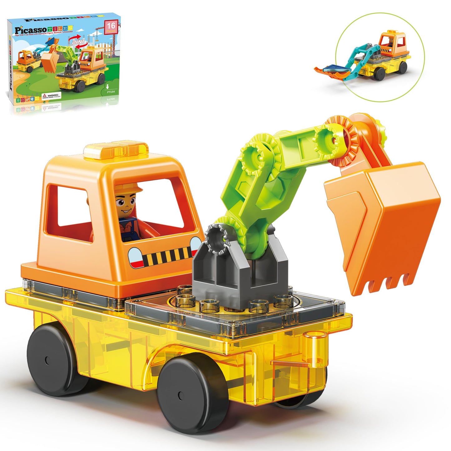 PicassoTiles Magnet Tiles 2-in-1 Excavator & Backhoe | STEM Construction Playset for Ages 3+