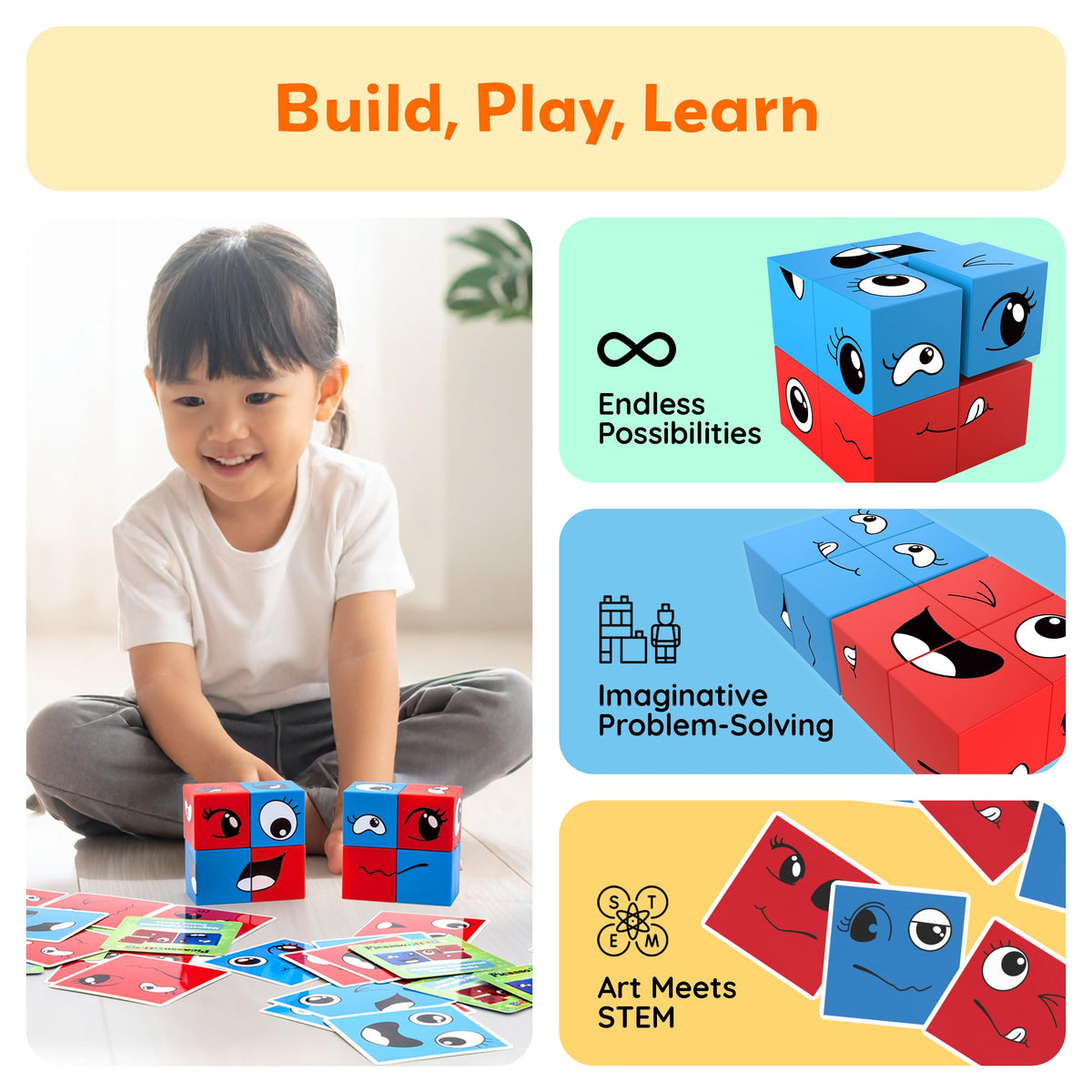 PicassoTiles Magnetic Expression Puzzle Cubes – 8-Piece Emoticon Blocks for STEM & Preschool