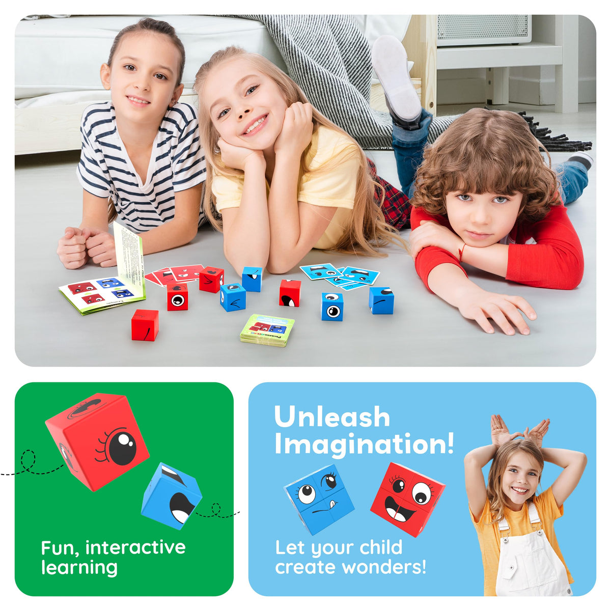 PicassoTiles Magnetic Expression Puzzle Cubes – 8-Piece Emoticon Blocks for STEM & Preschool