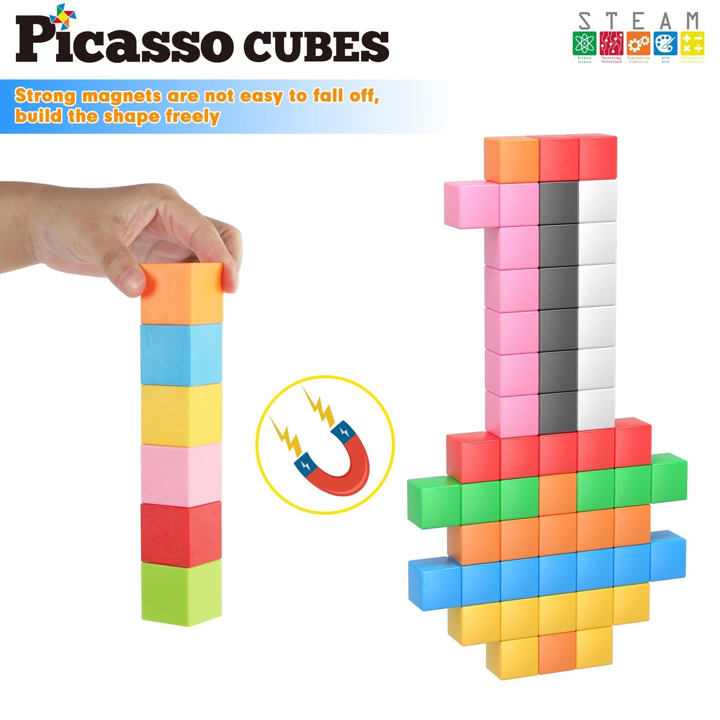 PicassoTiles Magnet Cube Building Blocks – 54 Magnetic Cubes for Creative STEM Play | 3 cm