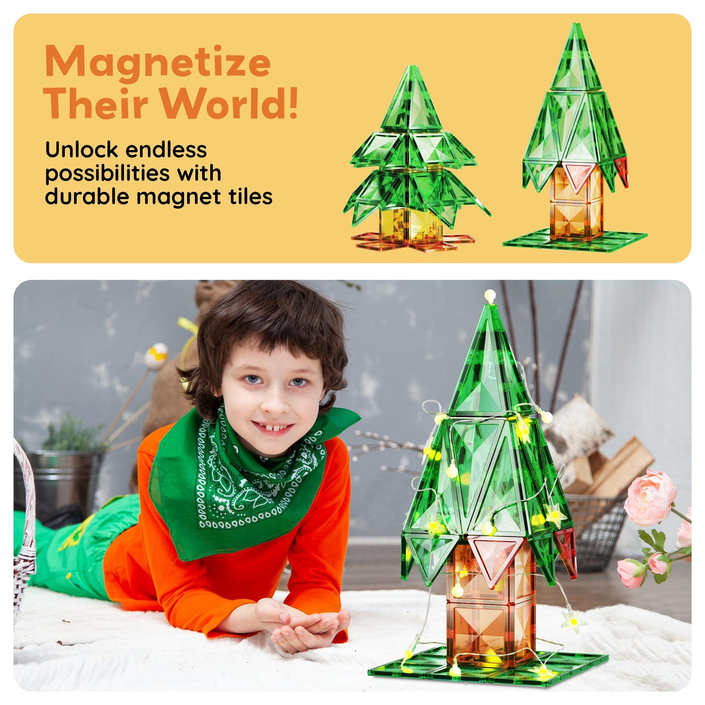 PicassoTiles 106pc Magnetic Tiles LED Light-Up Tree – STEM Toy for Kids 3+ | PT106