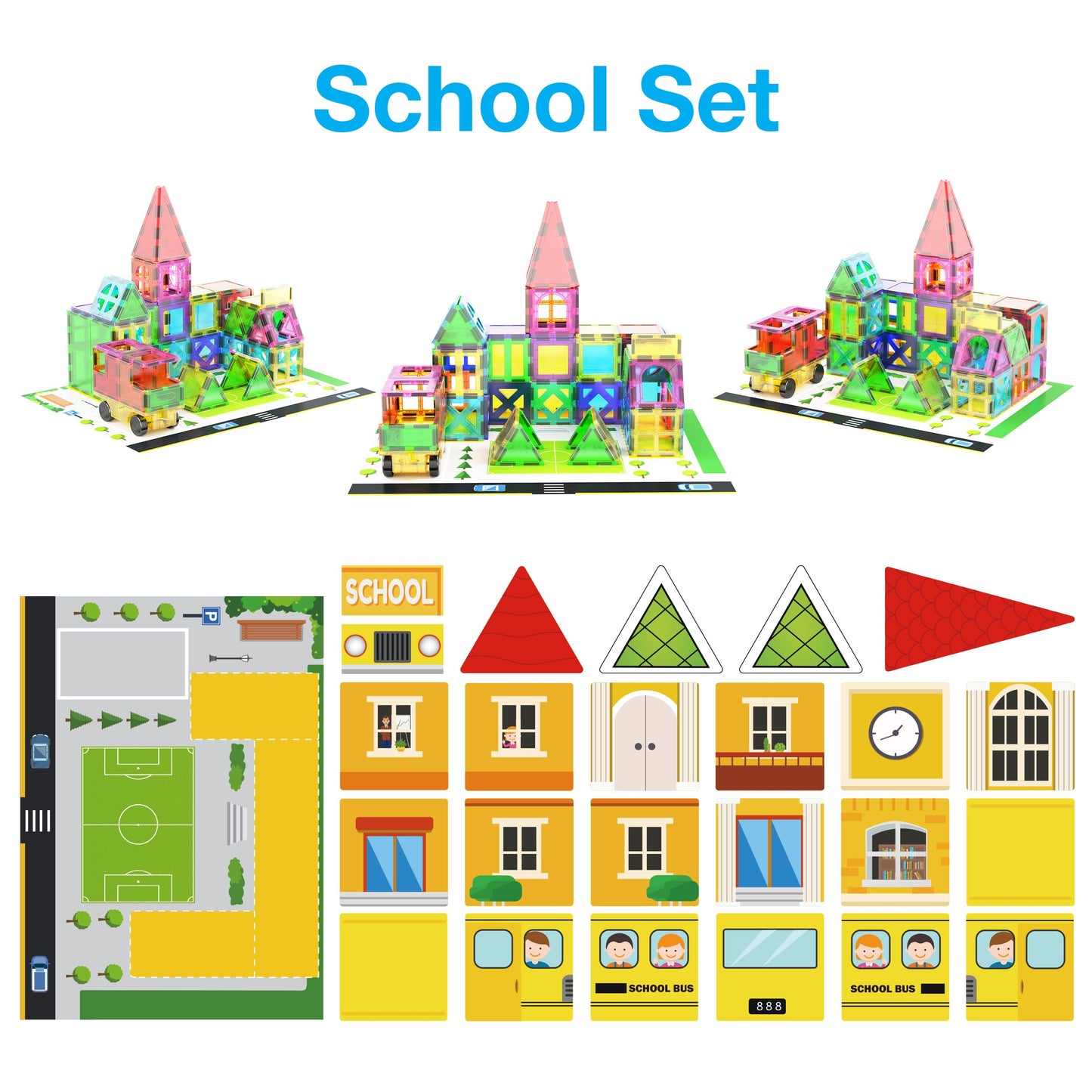 PicassoTiles 3-in-1 Theme Set – Magnetic STEM Building Blocks for Kids | School, Police & Hospital