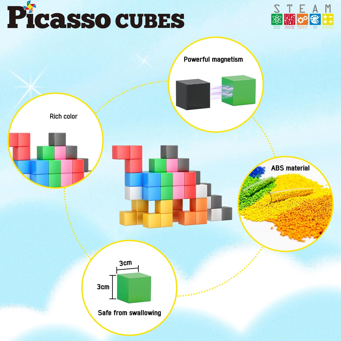 PicassoTiles Magnet Cube Building Blocks – 54 Magnetic Cubes for Creative STEM Play | 3 cm