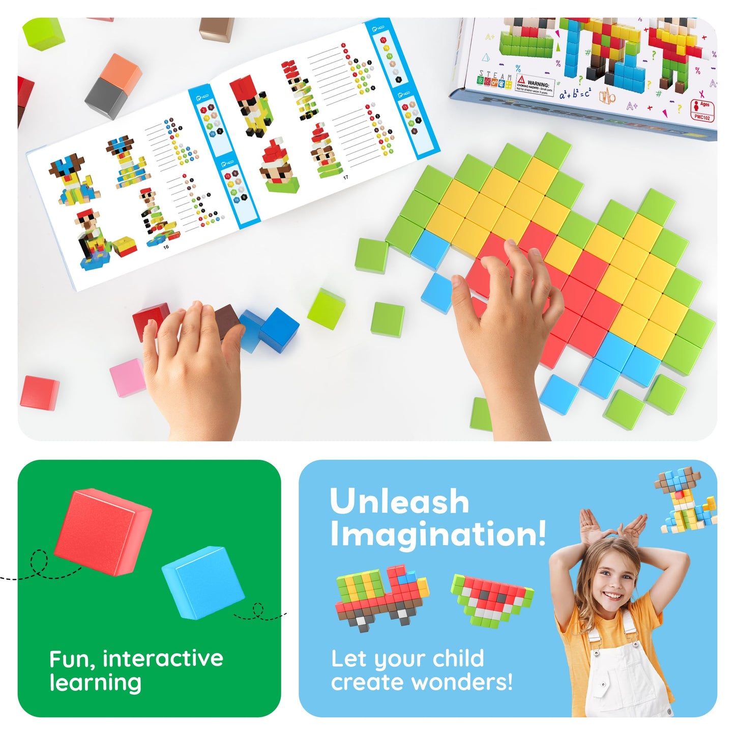 PicassoTiles 102pcs Pixel Magnetic Puzzle Cube – STEM Building Toy Set for Kids 3+