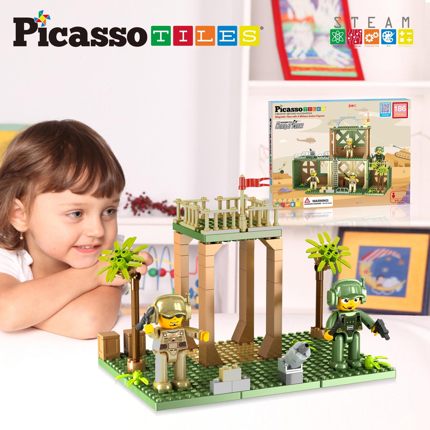 PicassoTiles PTL18 Military Combat Magnet Tile Playset – 186-Piece Construction & 4 Figures