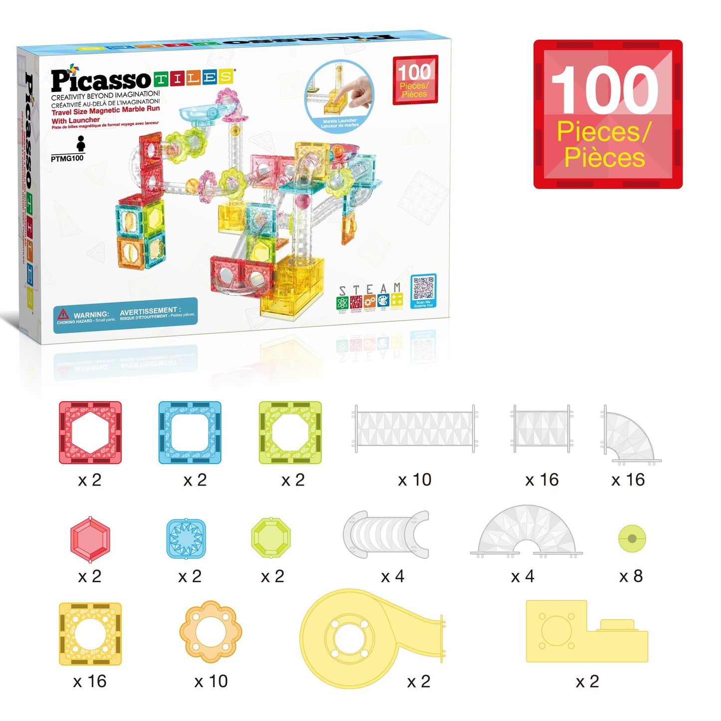 PicassoTiles 100pc Marble Run Travel Set – Magnetic Tile Blocks for On-The-Go STEM Play