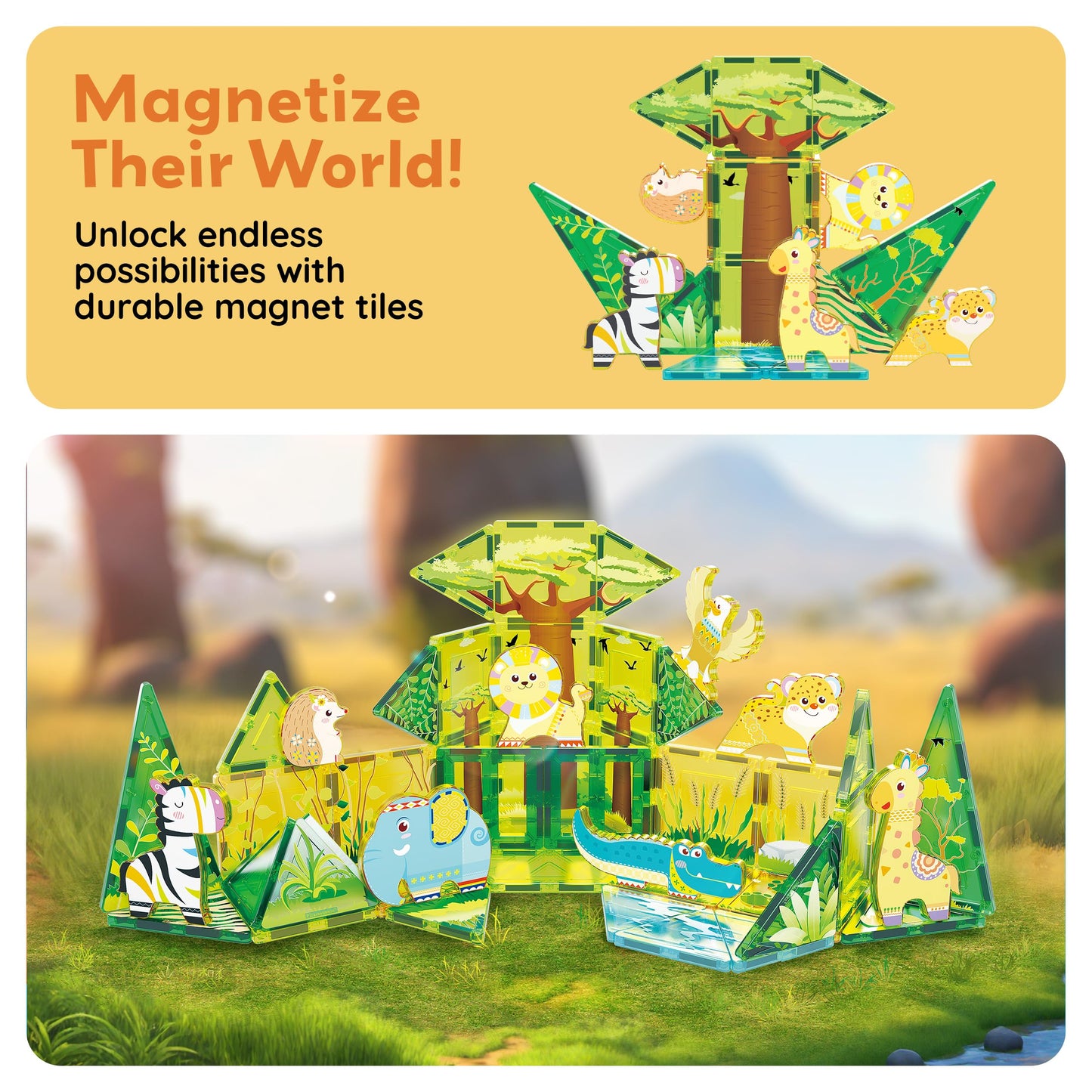 PicassoTiles Safari Magnet Tile Set – 46-Piece Magnetic Blocks with 8 Safari Figures for Ages 3+ | STEAM Educational Toy