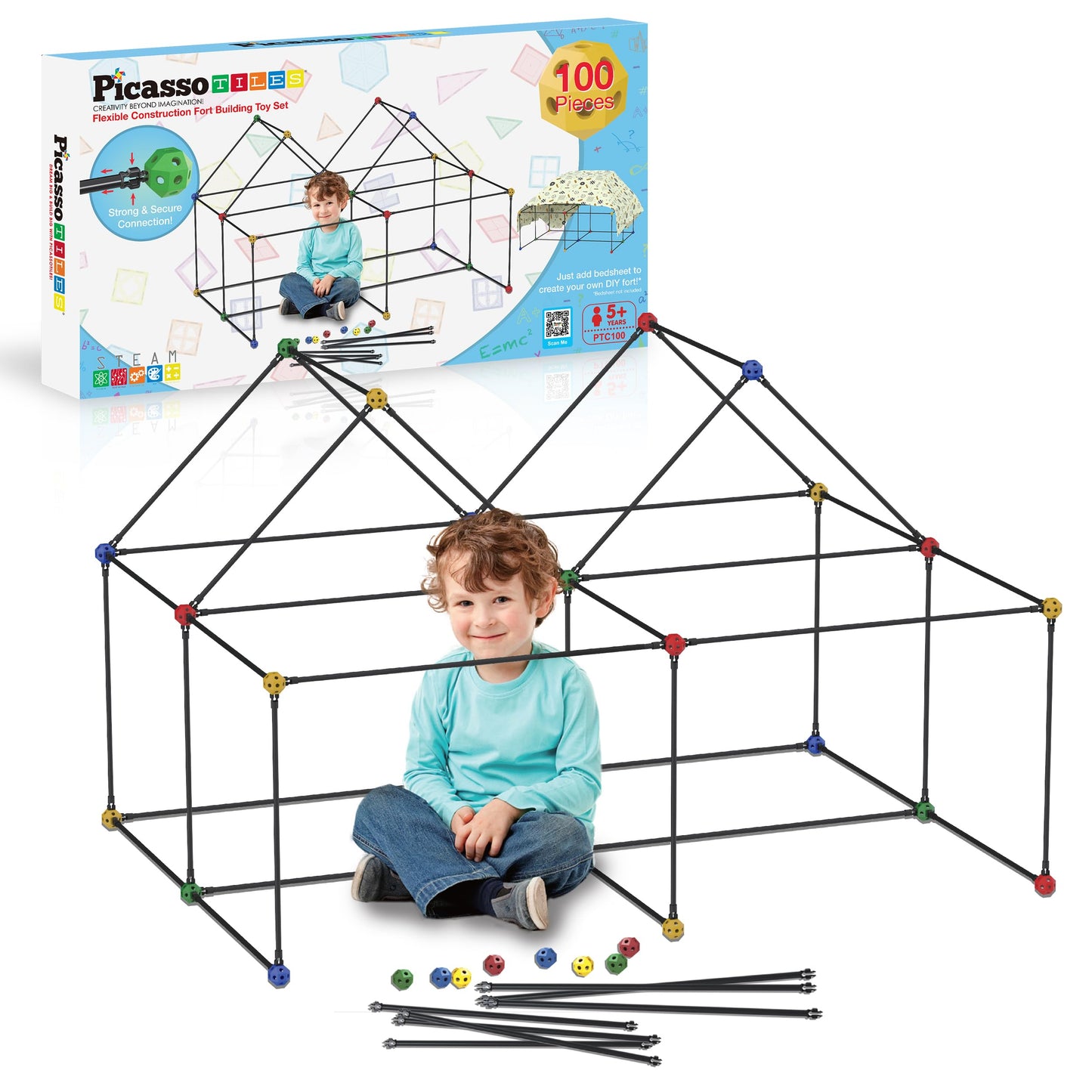 PicassoTiles Kids Fort Building Kit — 100-Piece STEM Construction Toys