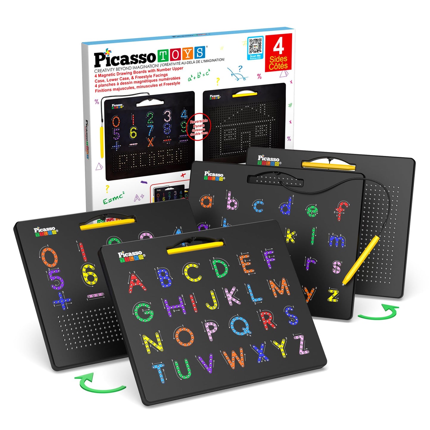 PicassoTiles 2PK 4-in-1 Magnetic Drawing Board – 12x10 Inch Large STEM Learning Pad with Four Faces (Lowercase, Uppercase, Numbers & Freestyle) – PTB06