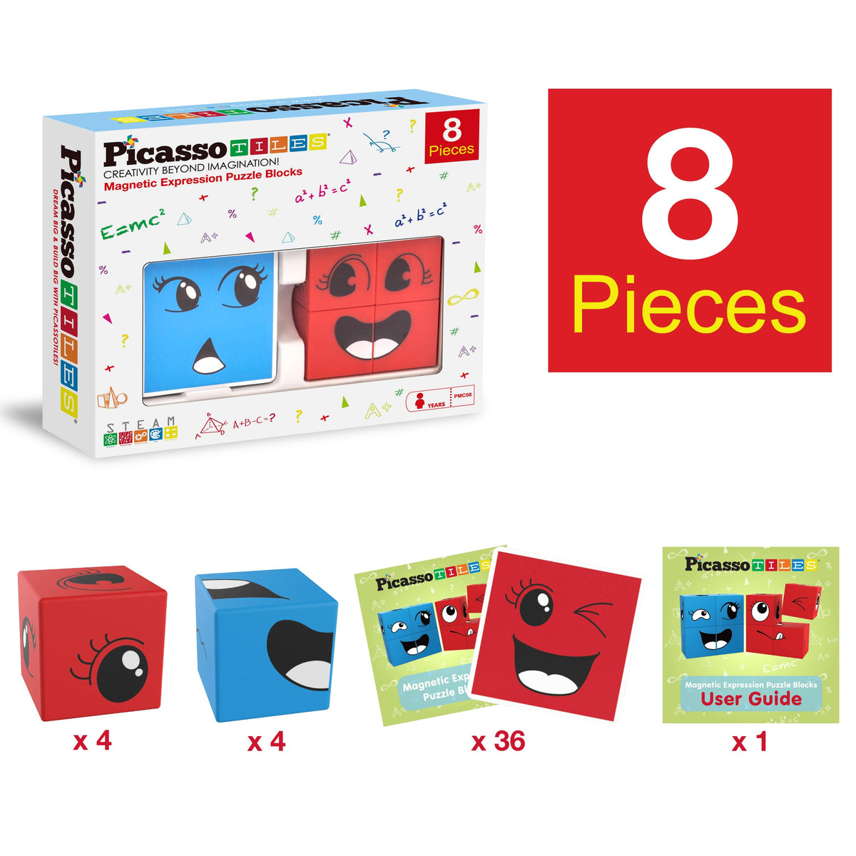 PicassoTiles Magnetic Expression Puzzle Cubes – 8-Piece Emoticon Blocks for STEM & Preschool