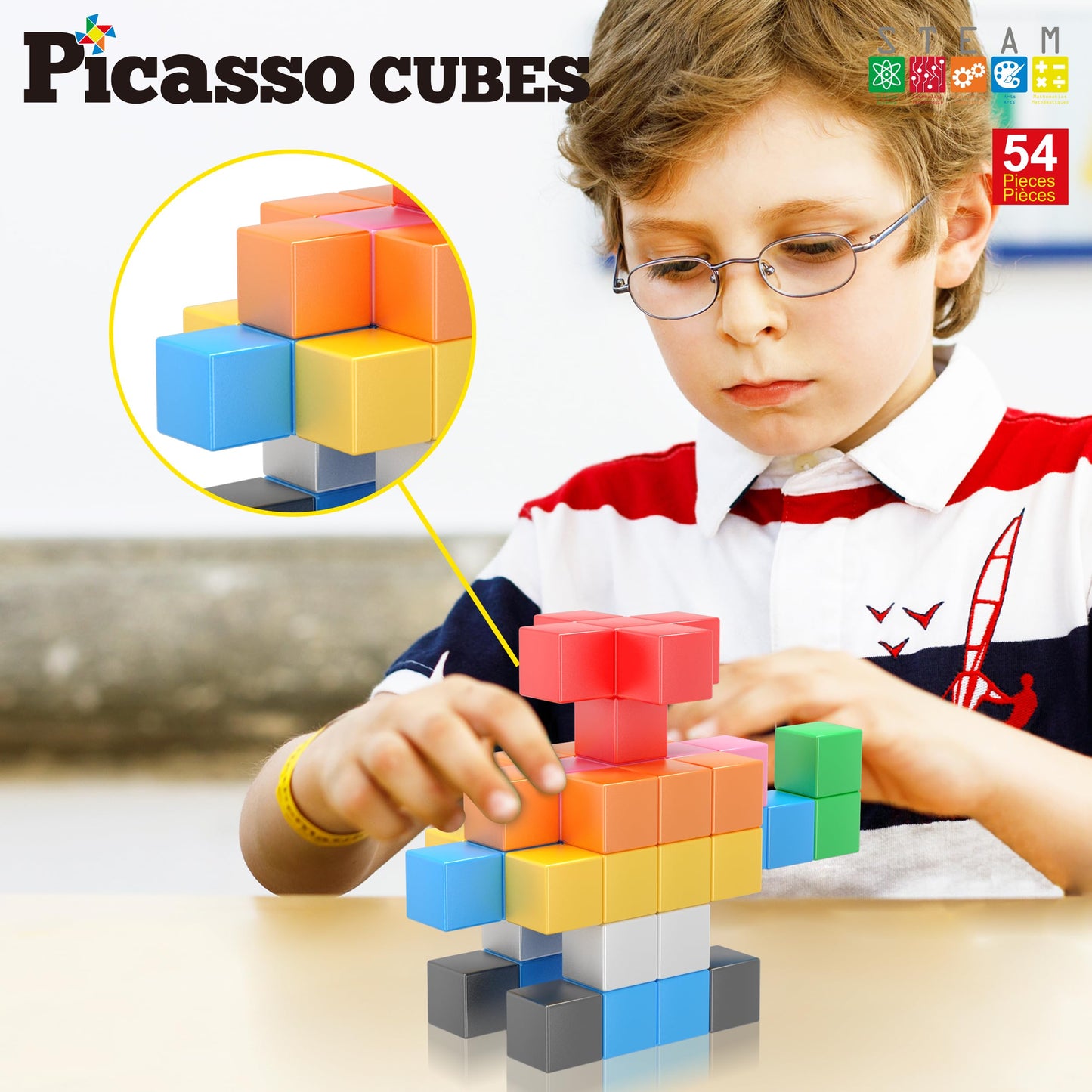PicassoTiles Magnet Cube Building Blocks – 54 Magnetic Cubes for Creative STEM Play | 3 cm