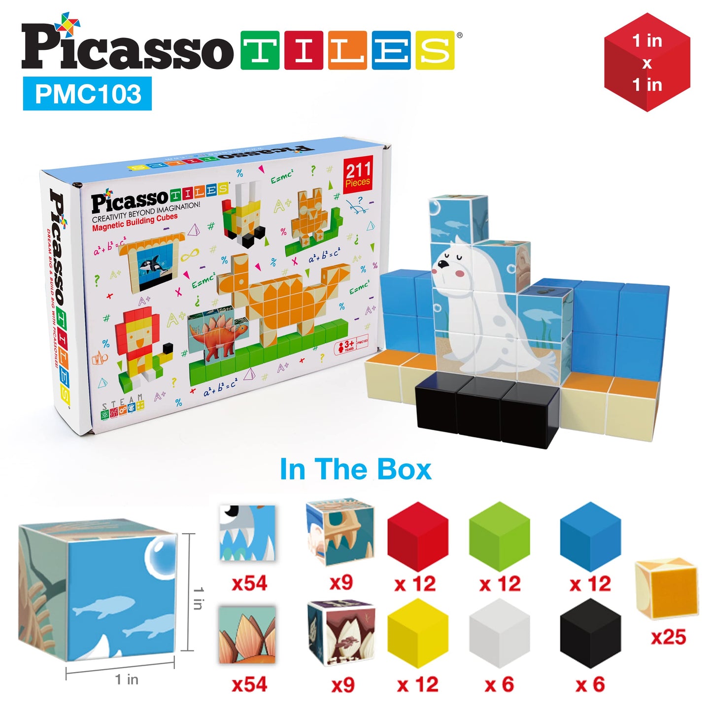 PicassoTiles 103-Piece Magnetic Building Block Cubes – 3D Construction & STEM Toy