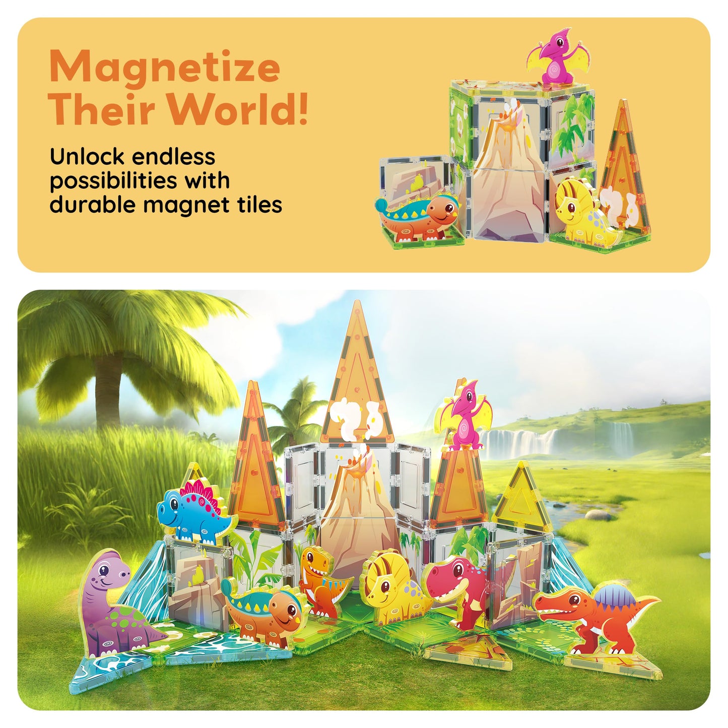 PicassoTiles 38pcs Dinosaur Magnetic Tiles Set with 8 Figures – STEM Toy 3+