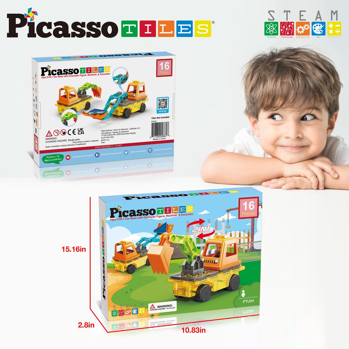 PicassoTiles Magnet Tiles 2-in-1 Excavator & Backhoe | STEM Construction Playset for Ages 3+