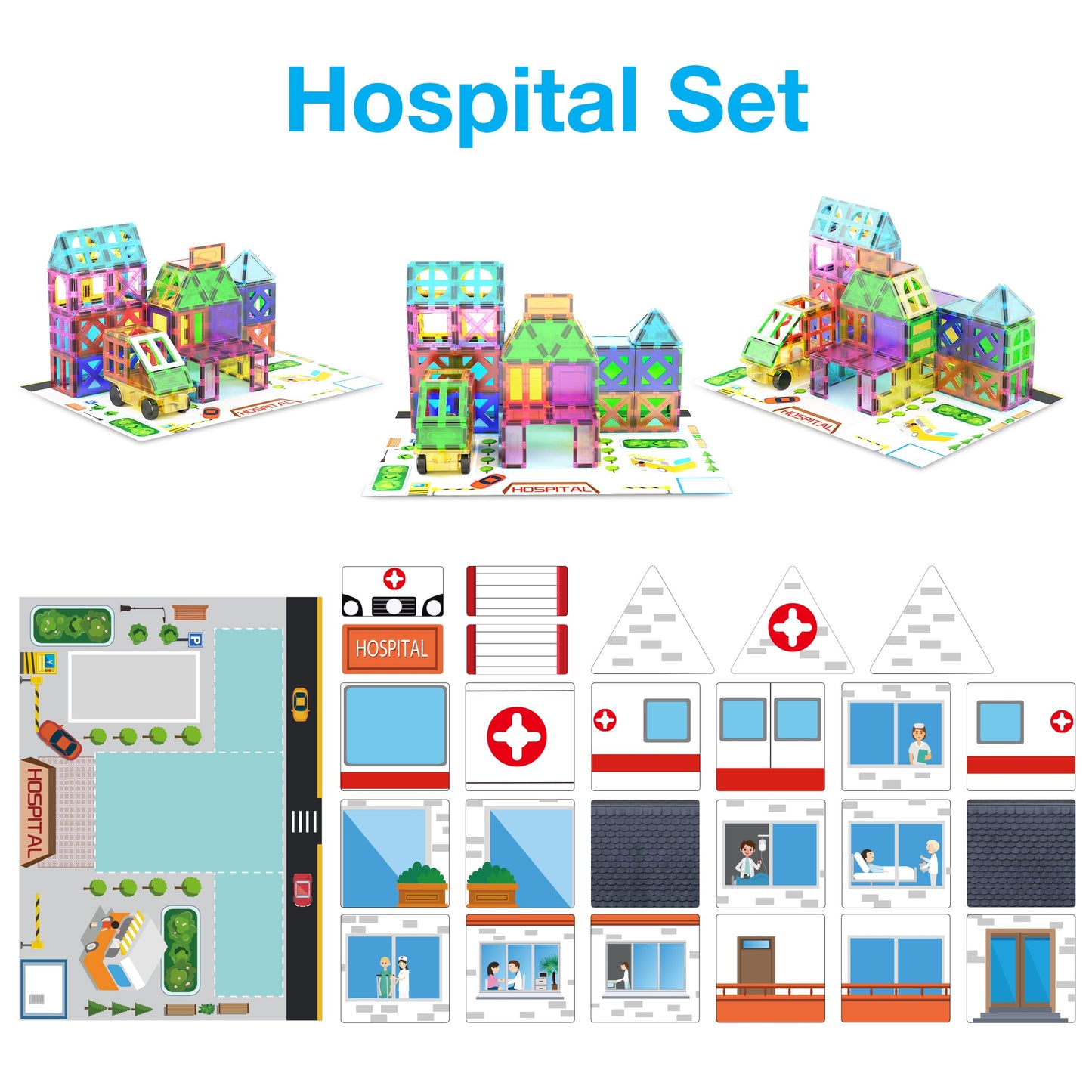 PicassoTiles 3-in-1 Theme Set – Magnetic STEM Building Blocks for Kids | School, Police & Hospital