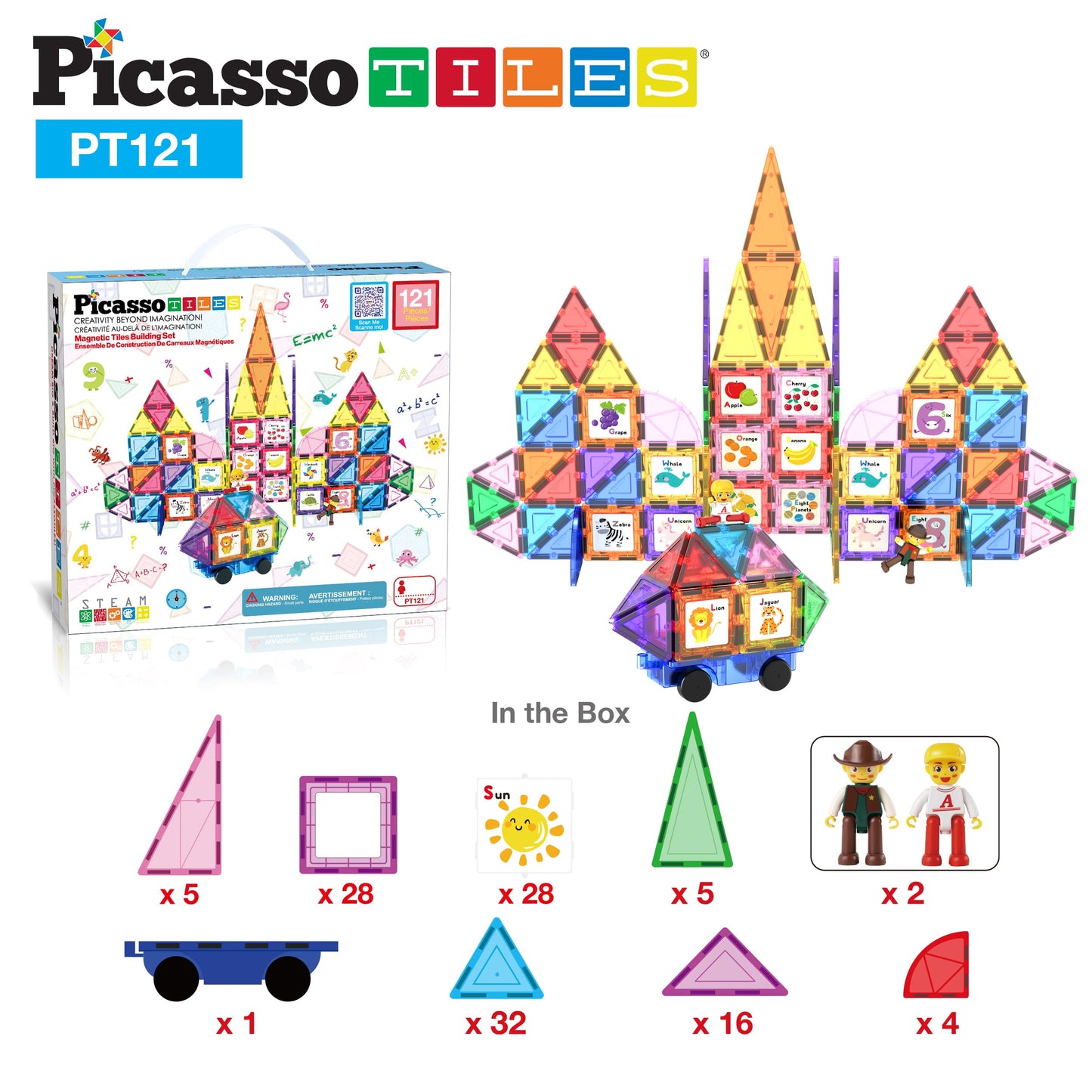 PicassoTiles 121pc Master Builder Magnetic Building Block Set – Car Truck Figures, Alphabet & Animal Graphics, Windmill
