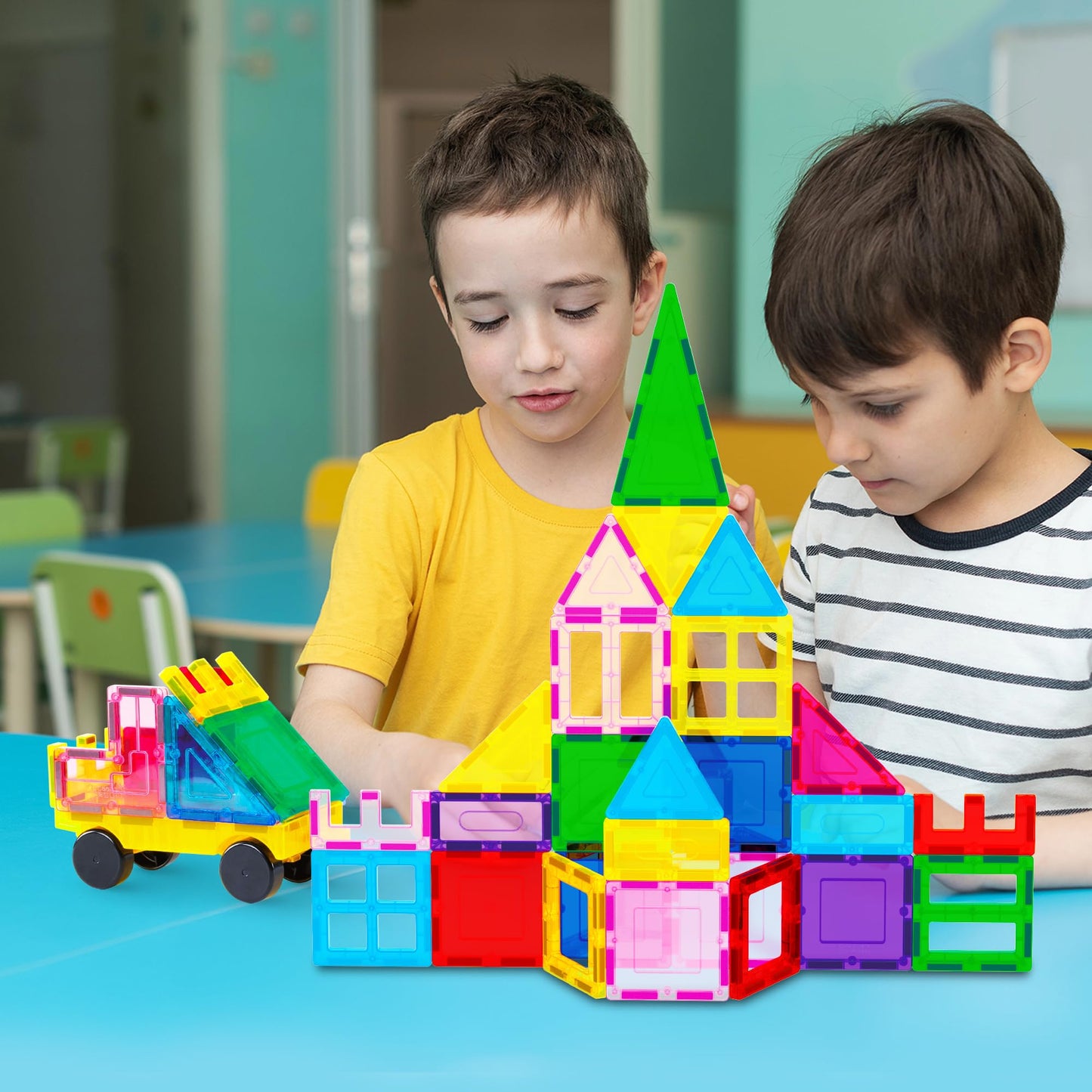 PicassoTiles 101 Pcs Magnetic Tiles – Car & Drawstring Carry Bag STEM Toy (Ages 3+)