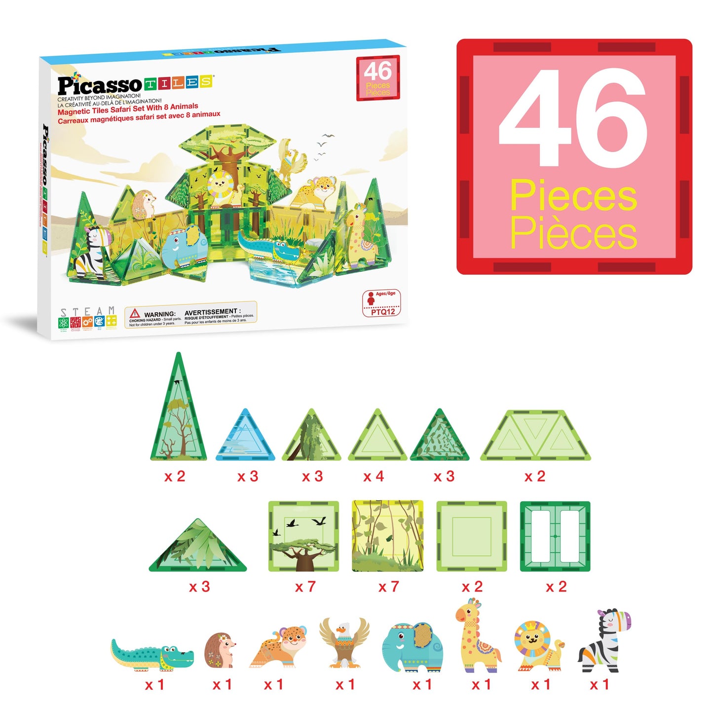 PicassoTiles Safari Magnet Tile Set – 46-Piece Magnetic Blocks with 8 Safari Figures for Ages 3+ | STEAM Educational Toy