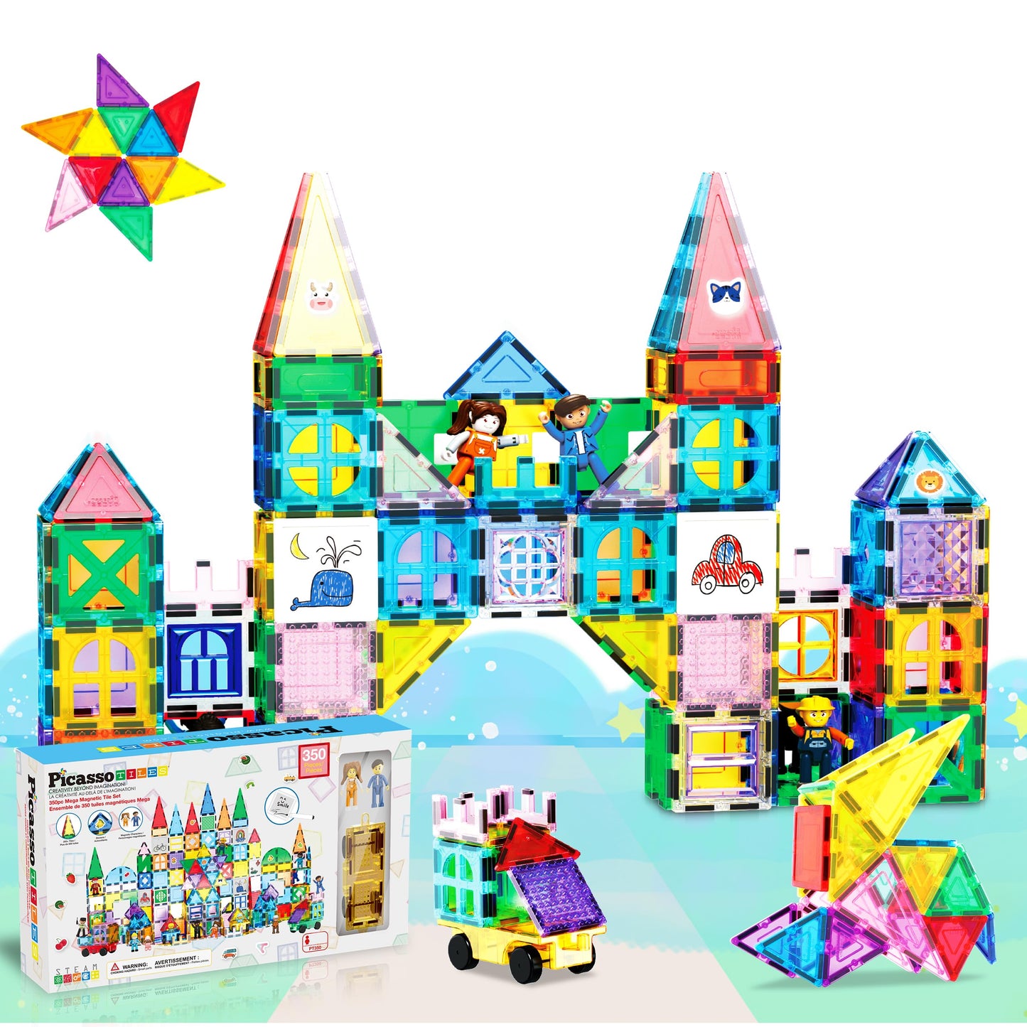 PicassoTiles Mega Magnetic Building Block Set – 350 Pieces, Cars & Whiteboard | STEM Toy for Ages 3+