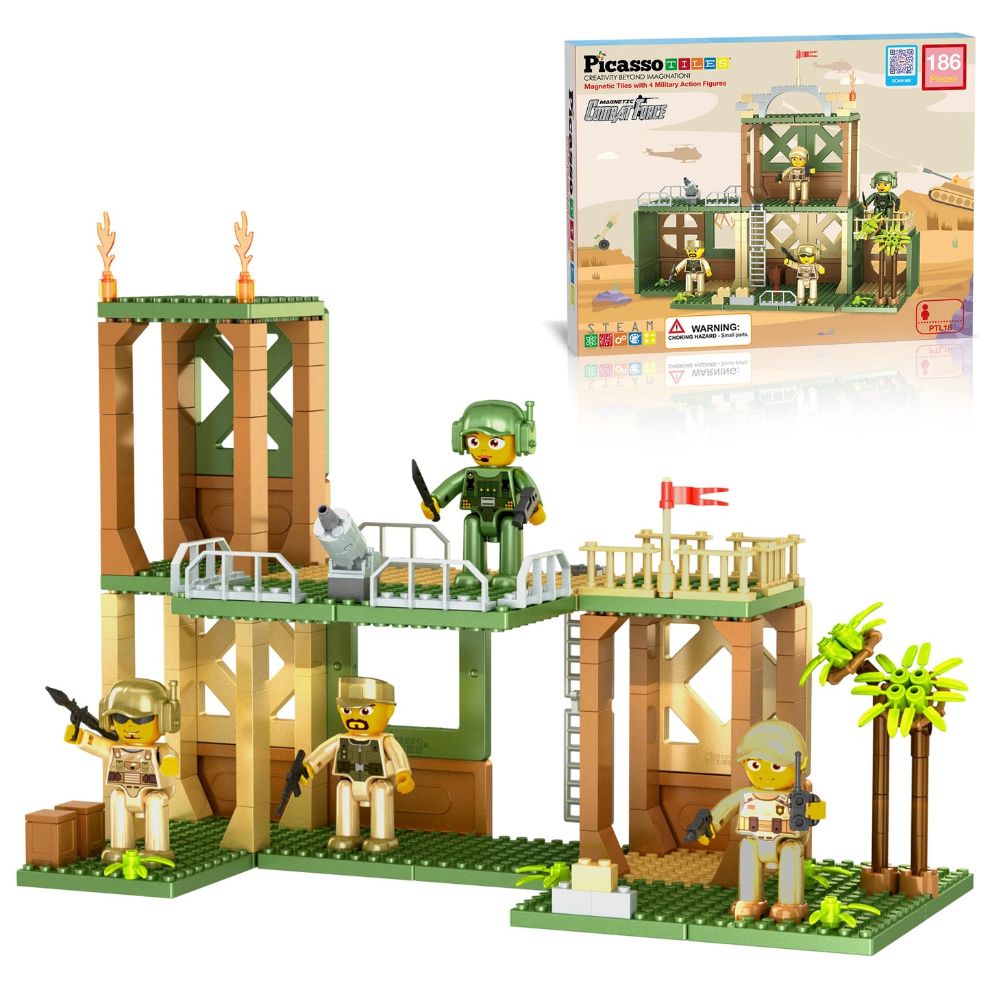 PicassoTiles PTL18 Military Combat Magnet Tile Playset – 186-Piece Construction & 4 Figures