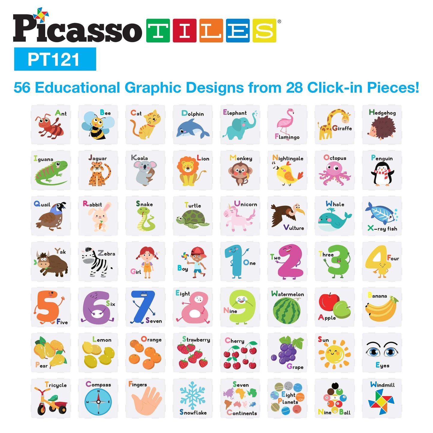 PicassoTiles 121pc Master Builder Magnetic Building Block Set – Car Truck Figures, Alphabet & Animal Graphics, Windmill