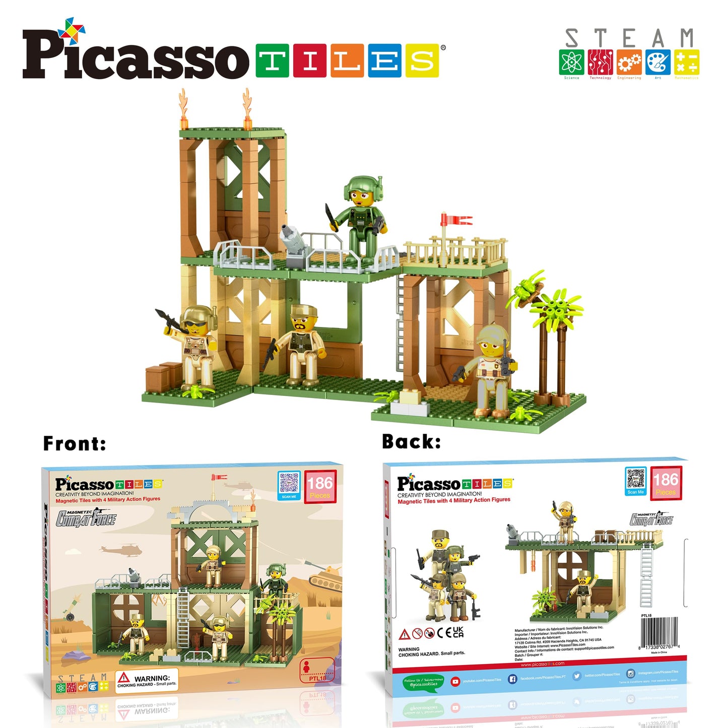 PicassoTiles PTL18 Military Combat Magnet Tile Playset – 186-Piece Construction & 4 Figures