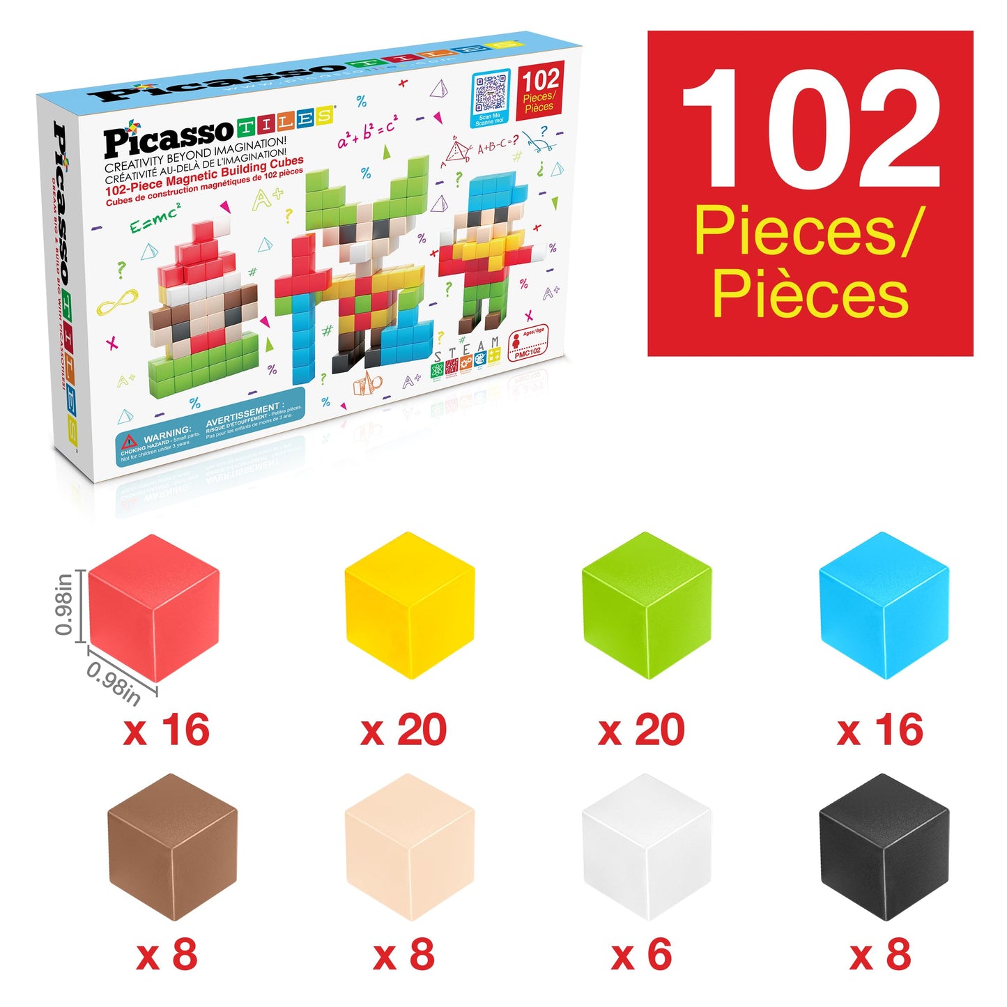 PicassoTiles 102pcs Pixel Magnetic Puzzle Cube – STEM Building Toy Set for Kids 3+