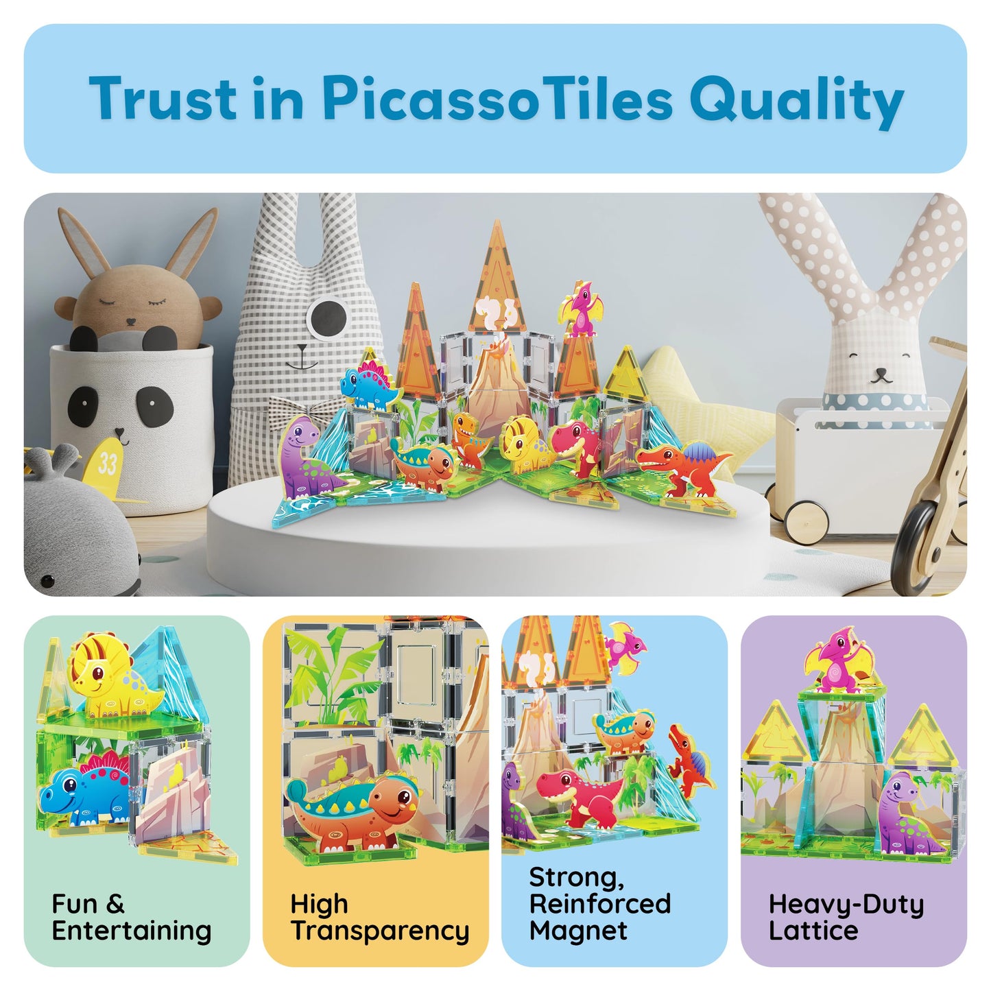 PicassoTiles 38pcs Dinosaur Magnetic Tiles Set with 8 Figures – STEM Toy 3+