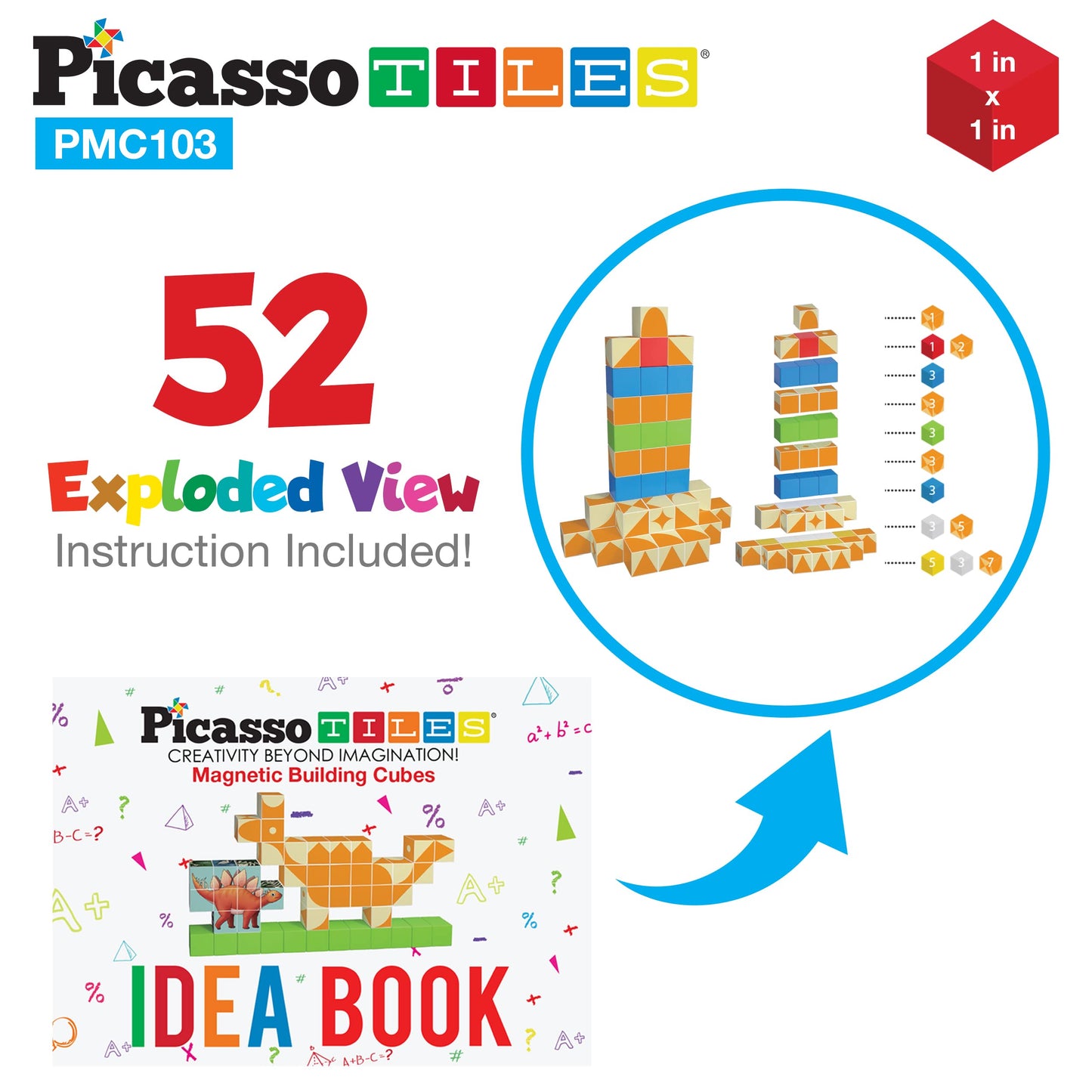 PicassoTiles 103-Piece Magnetic Building Block Cubes – 3D Construction & STEM Toy