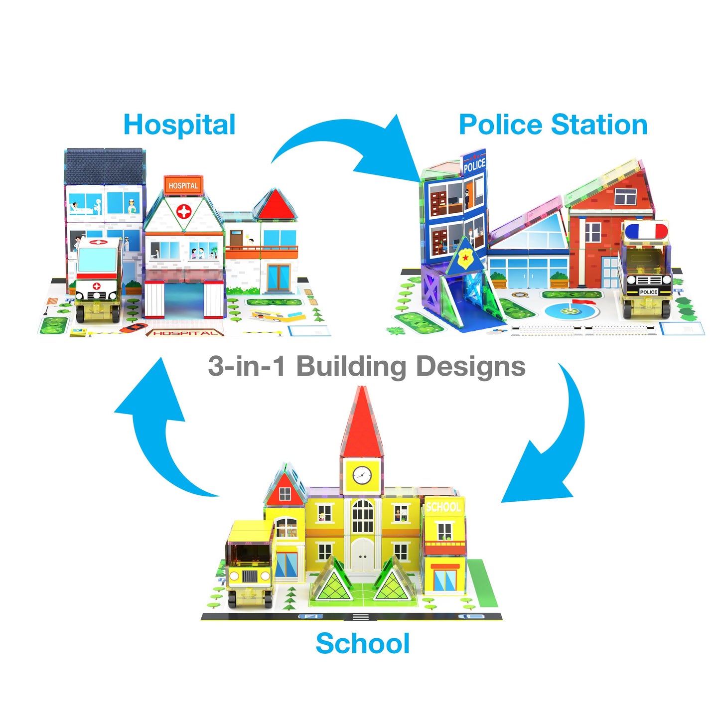 PicassoTiles 3-in-1 Theme Set – Magnetic STEM Building Blocks for Kids | School, Police & Hospital