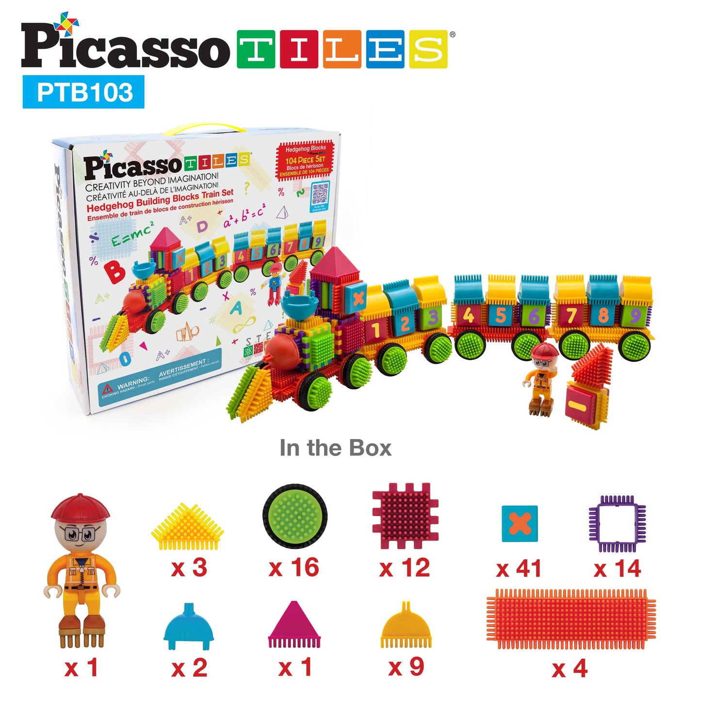 PicassoTiles PTB103 Alphabet & Numerical Train - 103pc Hedgehog Block Set | STEM Learning Toy