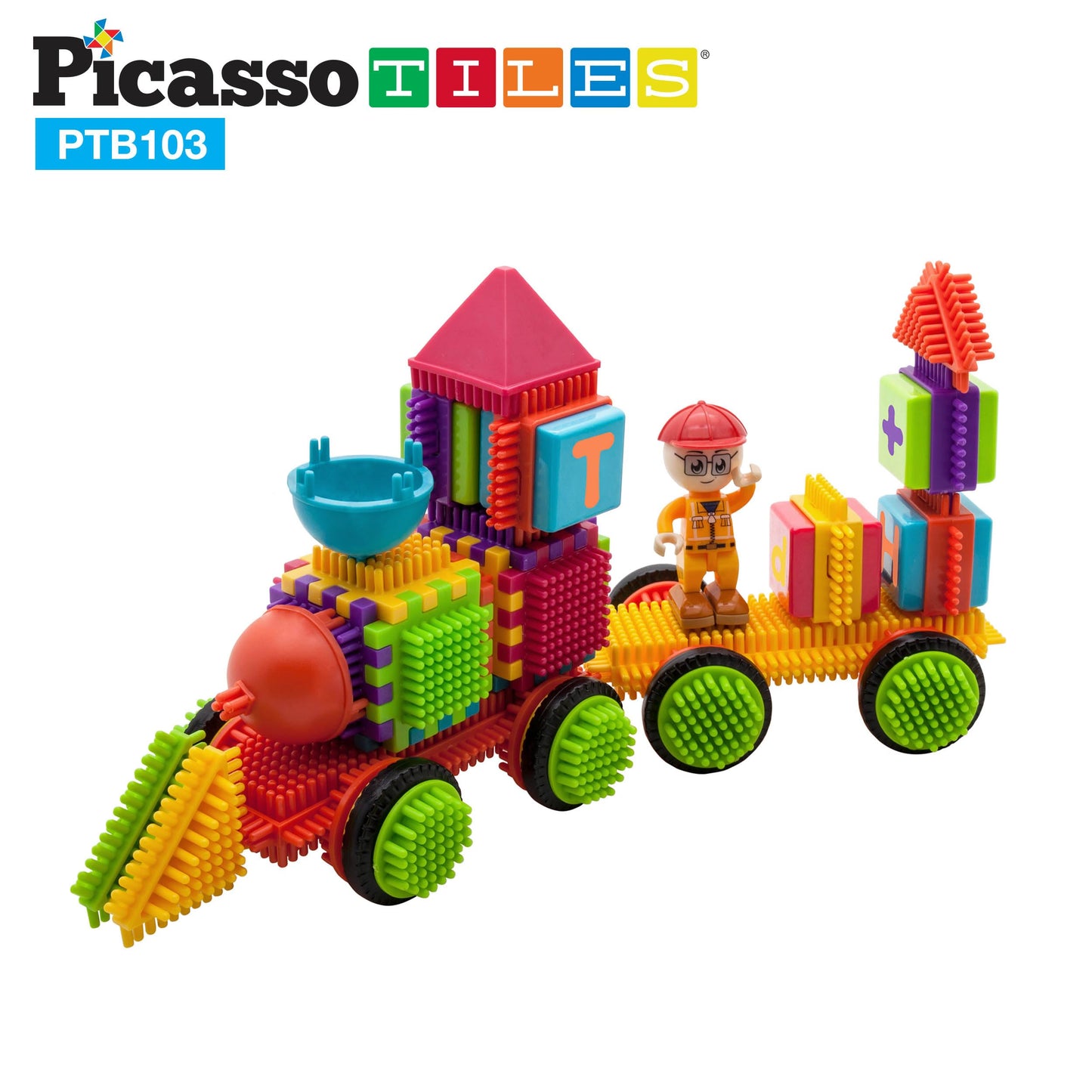 PicassoTiles PTB103 Alphabet & Numerical Train - 103pc Hedgehog Block Set | STEM Learning Toy