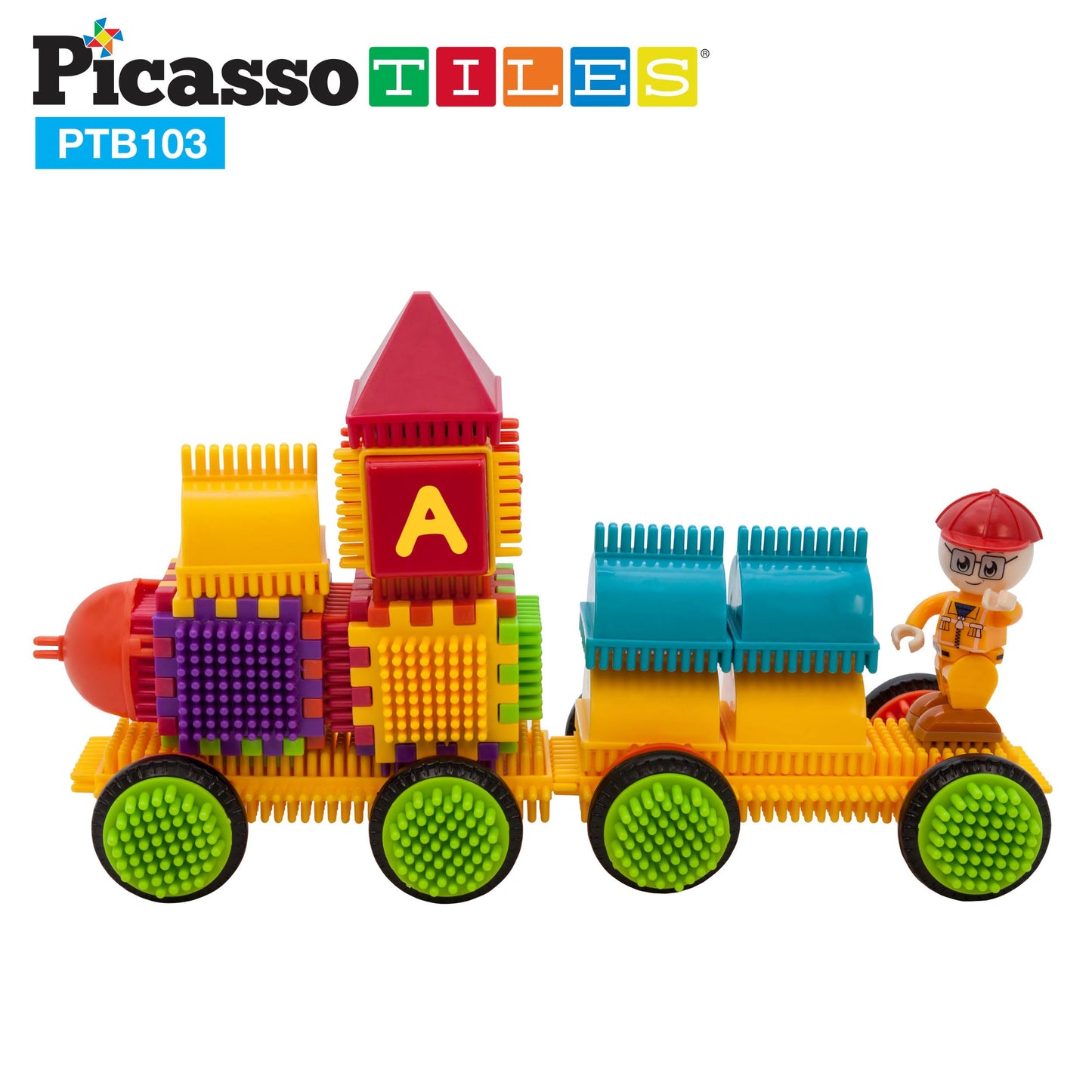 PicassoTiles PTB103 Alphabet & Numerical Train - 103pc Hedgehog Block Set | STEM Learning Toy