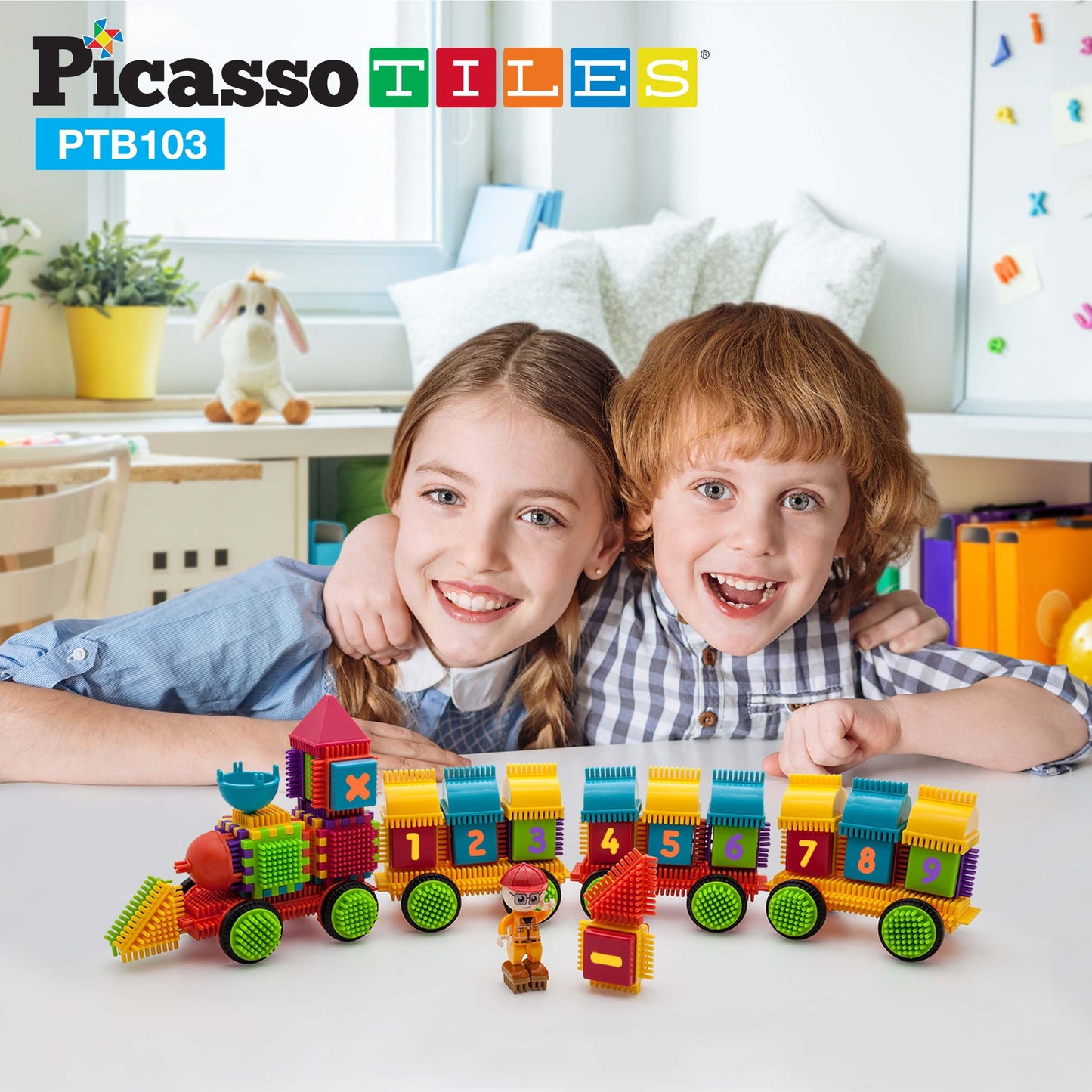 PicassoTiles PTB103 Alphabet & Numerical Train - 103pc Hedgehog Block Set | STEM Learning Toy