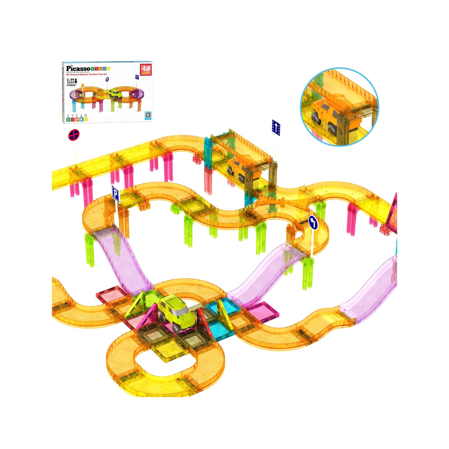 PicassoTiles PTMR40 Race Car Track – Magnetic Travel Toy for Toddlers (Ages 3+)