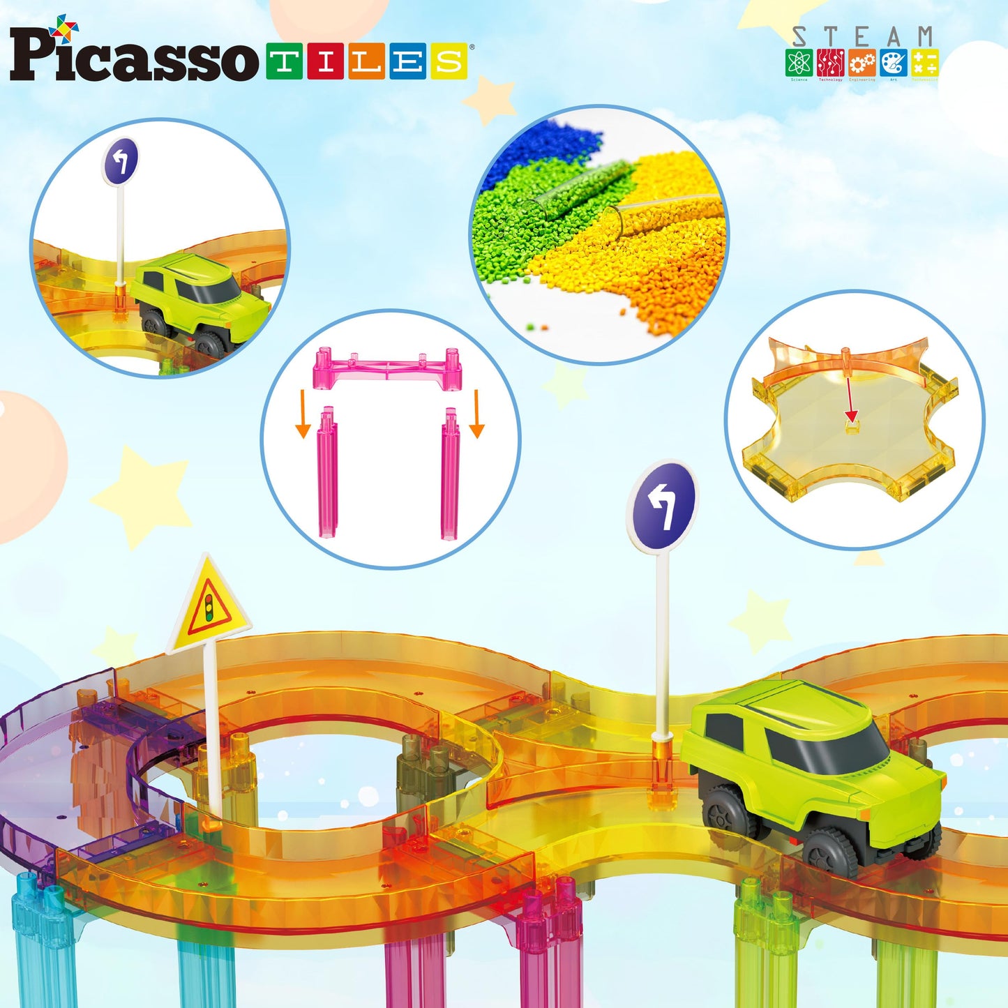 PicassoTiles PTMR40 Race Car Track – Magnetic Travel Toy for Toddlers (Ages 3+)