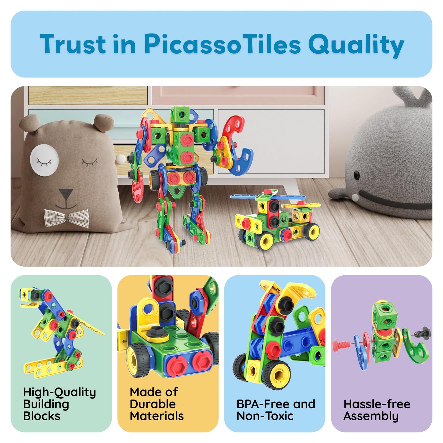 PicassoTiles 152pc STEM Construction Toy for Kids 3+ | Power Drill, Ratchet & Idea Book